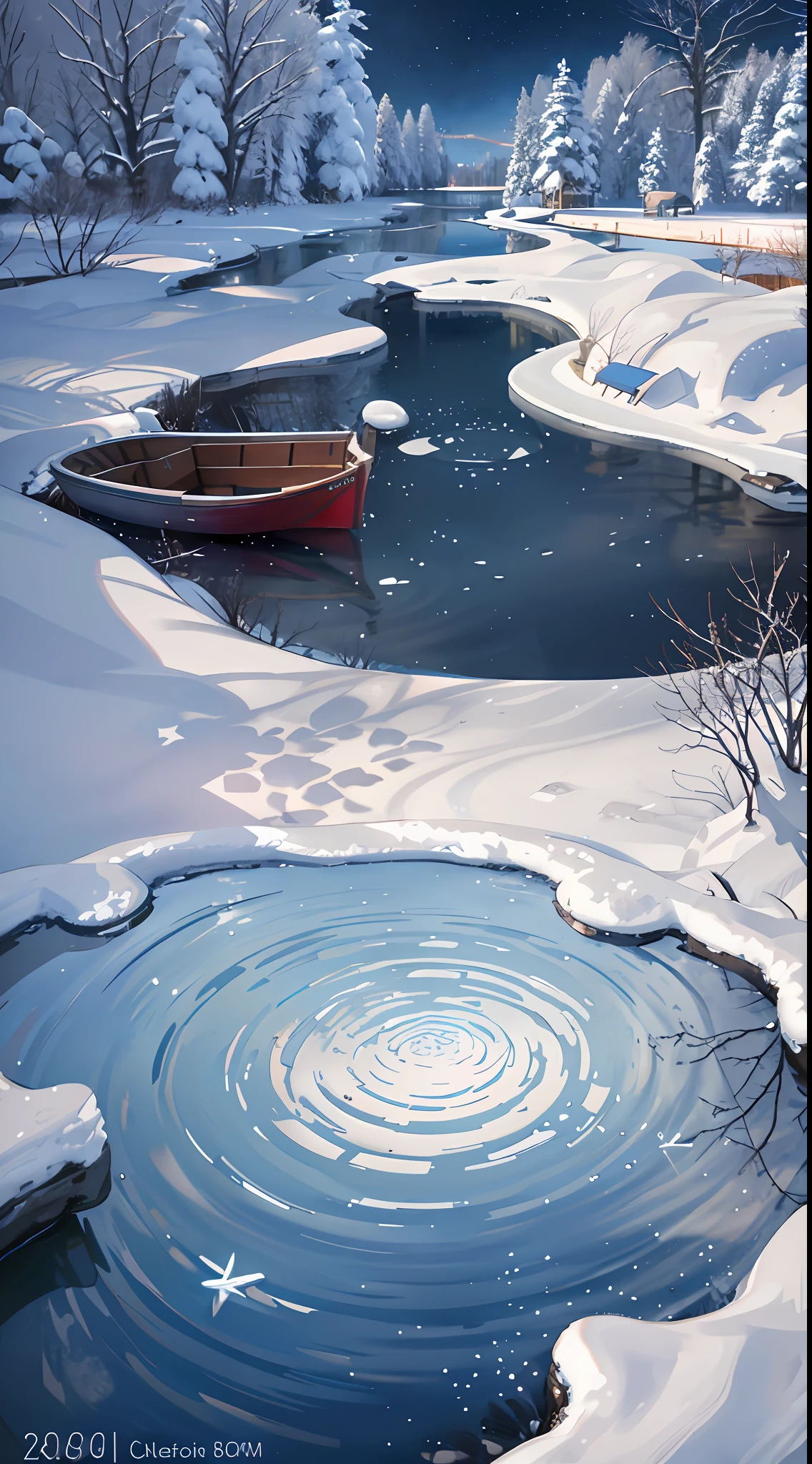 wallpaper, winter pond, pond, boat, heavy snow, pond background, depth of field, cold weather, hd detail, wet watermark, hyperdetail, film, surrealism, soft light, deep field focus bokeh, ray tracing, diffusion (ultrafine glass reflection) and surrealism. --v6