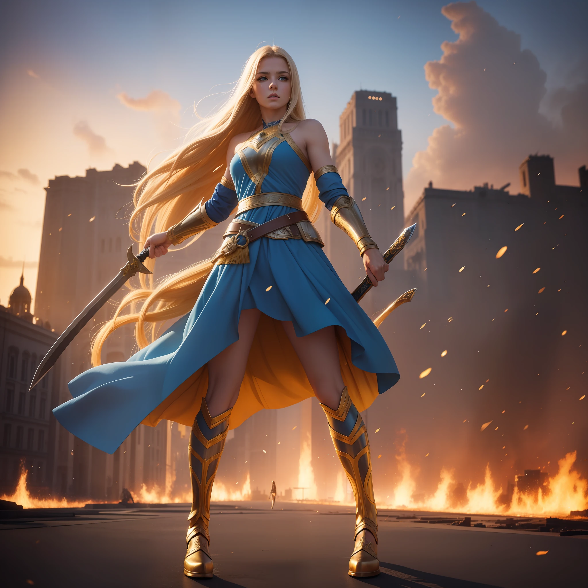 young beautiful european woman, blue and yellow dress, warrior girl, full body head to toes, brave face, ultra realistic, long blond hair, fit body, holding a sword, epic movie background, city on fire, blurred backgorund, high image quality