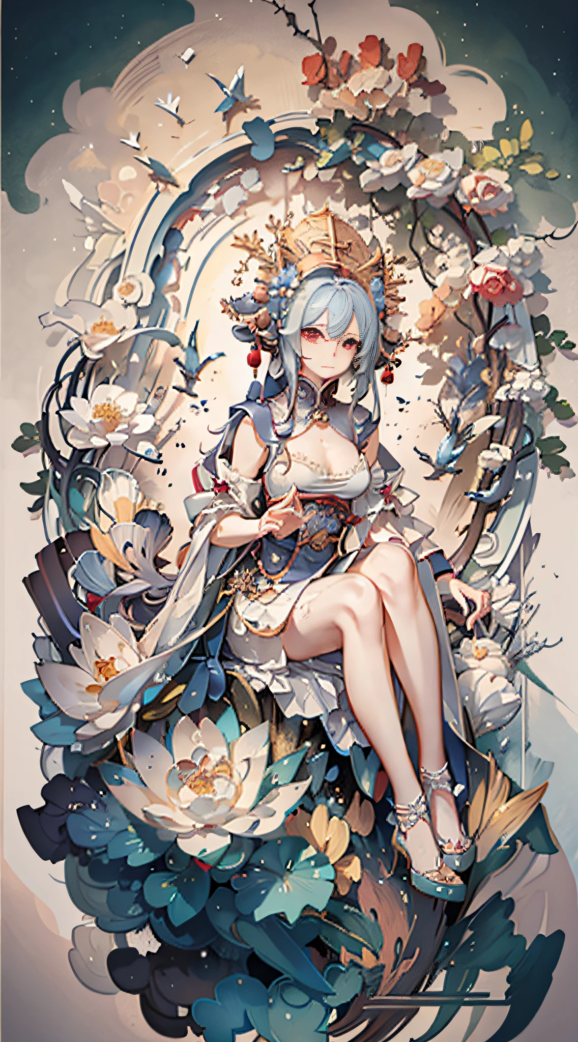An ancient Chinese beauty sitting on a stone, wearing ancient Chinese clothing, flowing tulle, light silk, lazy posture, large lotus leaf, lotus, ink painting style, clean color, decisive cutting, blank, freehand, masterpiece, super detailed, epic composition, high quality, the highest quality, 4k
