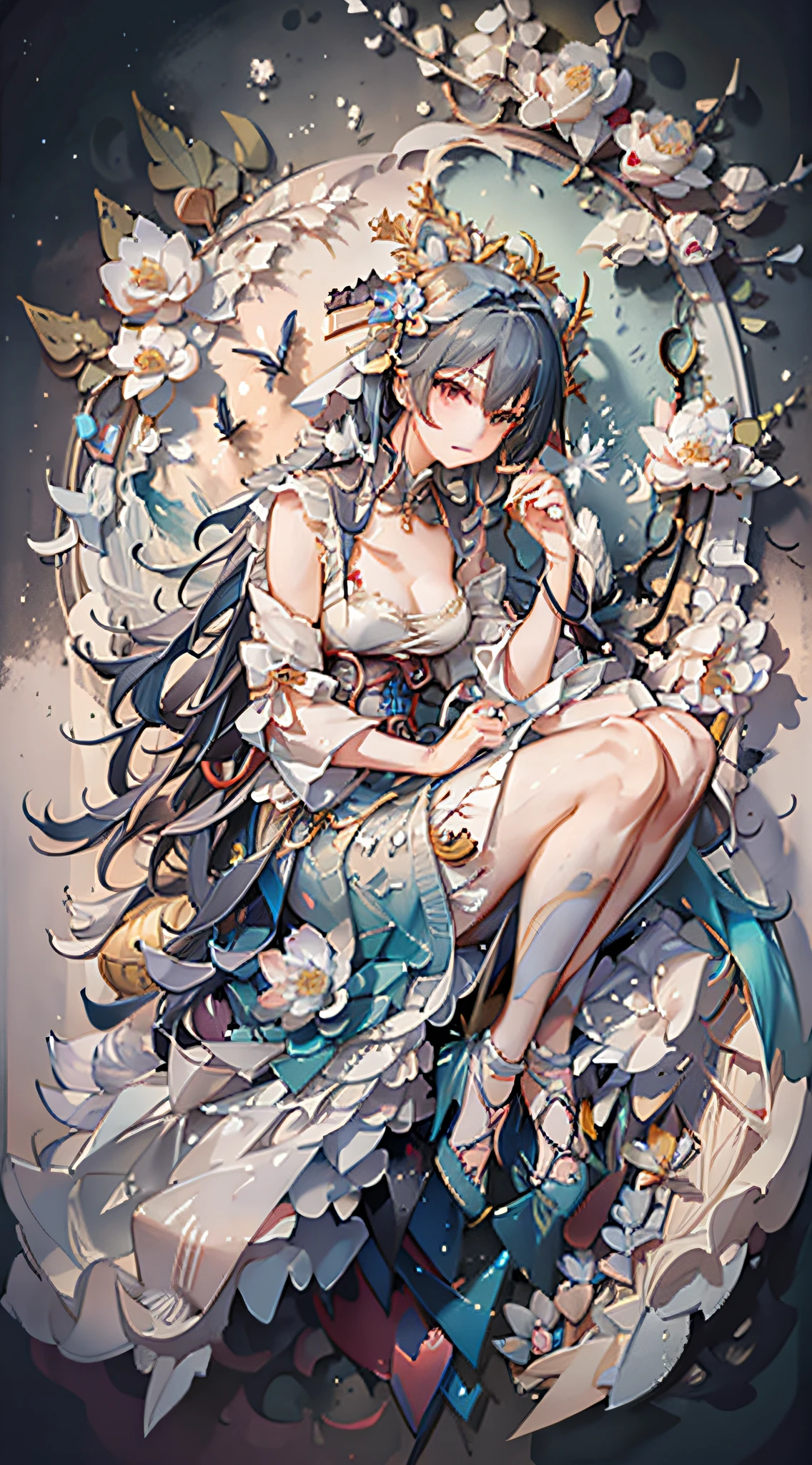 An ancient Chinese beauty sitting on a stone, wearing ancient Chinese clothing, flowing tulle, light silk, lazy posture, large lotus leaf, lotus, ink painting style, clean color, decisive cutting, blank, freehand, masterpiece, super detailed, epic composition, high quality, the highest quality, 4k