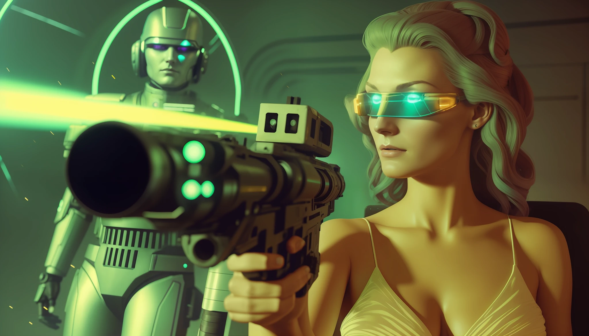 a woman (Florence Faivre) holding a gun in front of a male android, cyberpunk art by Adam Rex, cgsociety, retrofuturism, reimagined by light and industrial magic, futuristic, science fiction