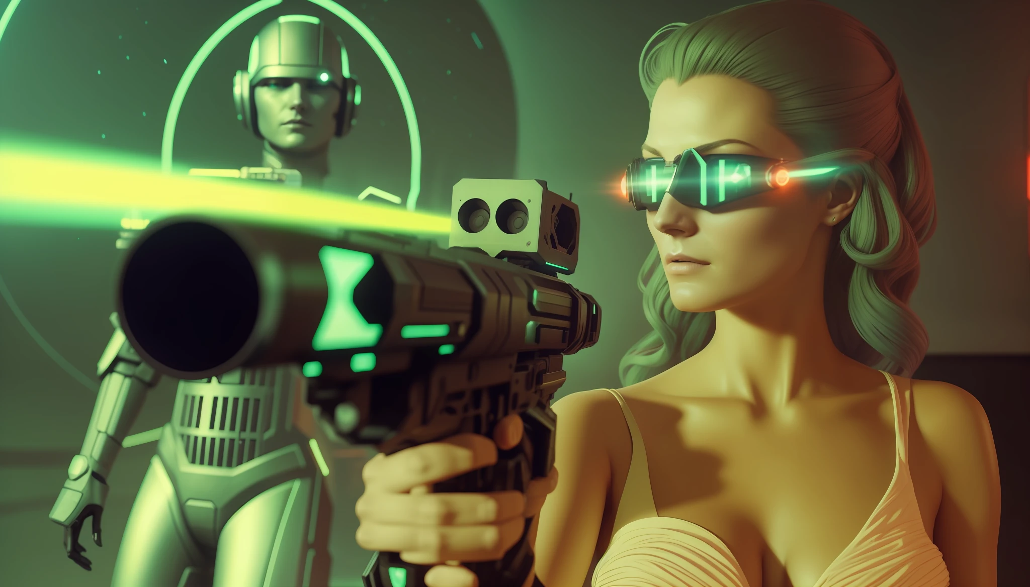 a woman (Florence Faivre) holding a gun in front of a male android, cyberpunk art by Adam Rex, cgsociety, retrofuturism, reimagined by light and industrial magic, futuristic, science fiction