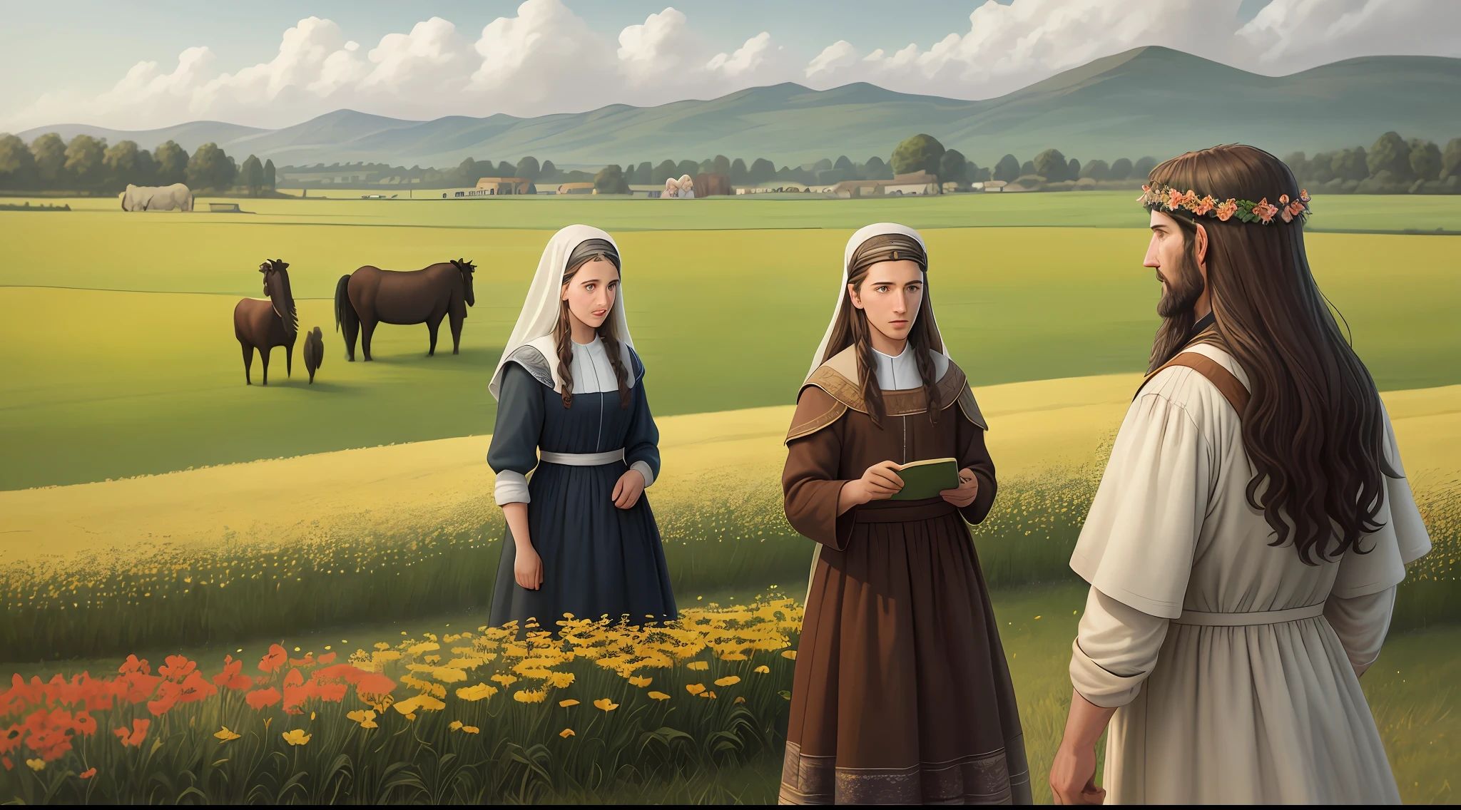 Jacob at the age of 40, calling his two wives Rachel and Leah to join him in a flowery field, with the flocks grazing in the background, with clothes, features and scenes of biblical times, with detailed faces