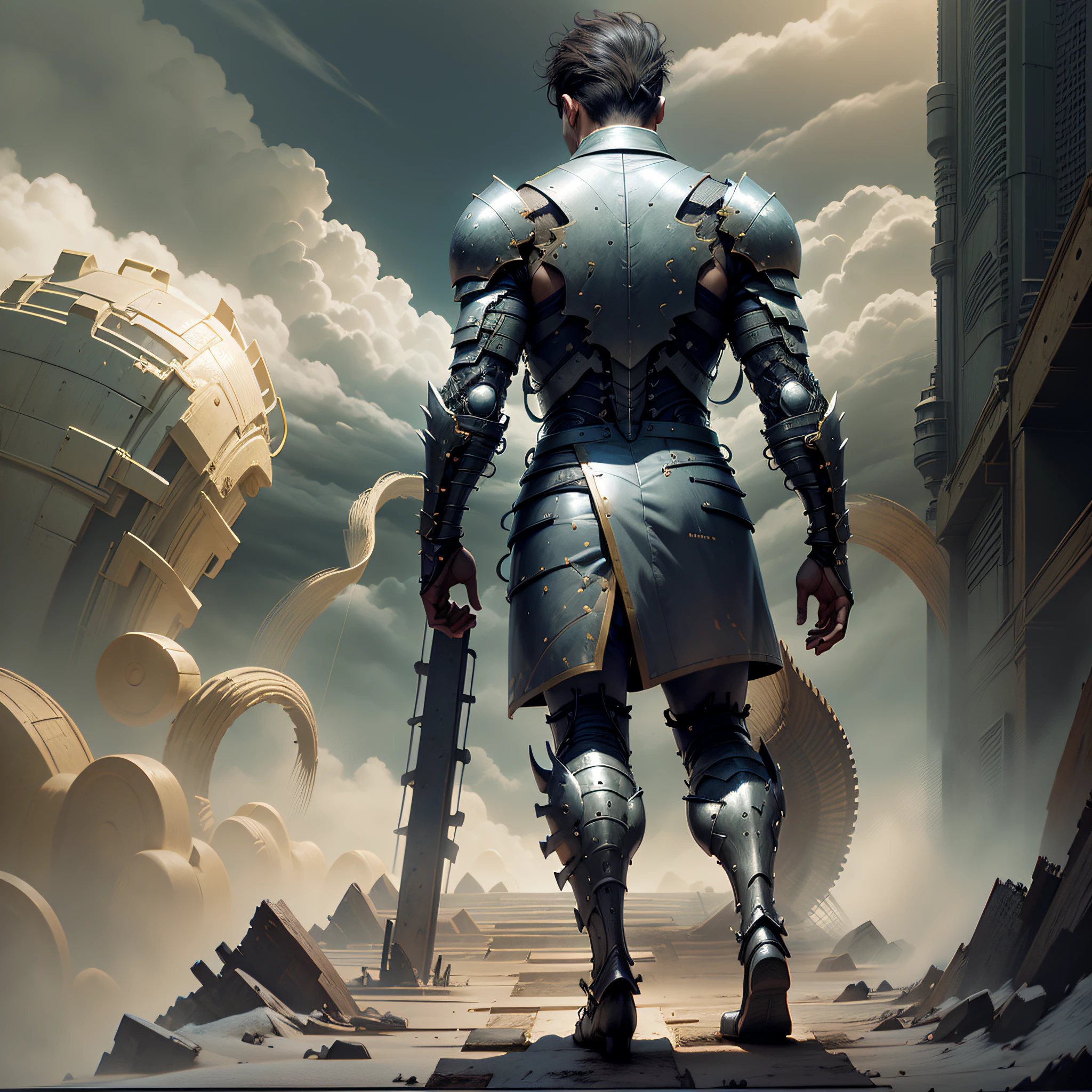 The back of a man, with firm and powerful steps, marches forward bravely towards the goal ahead, fearless, no longer hesitates to wander. --auto --s2