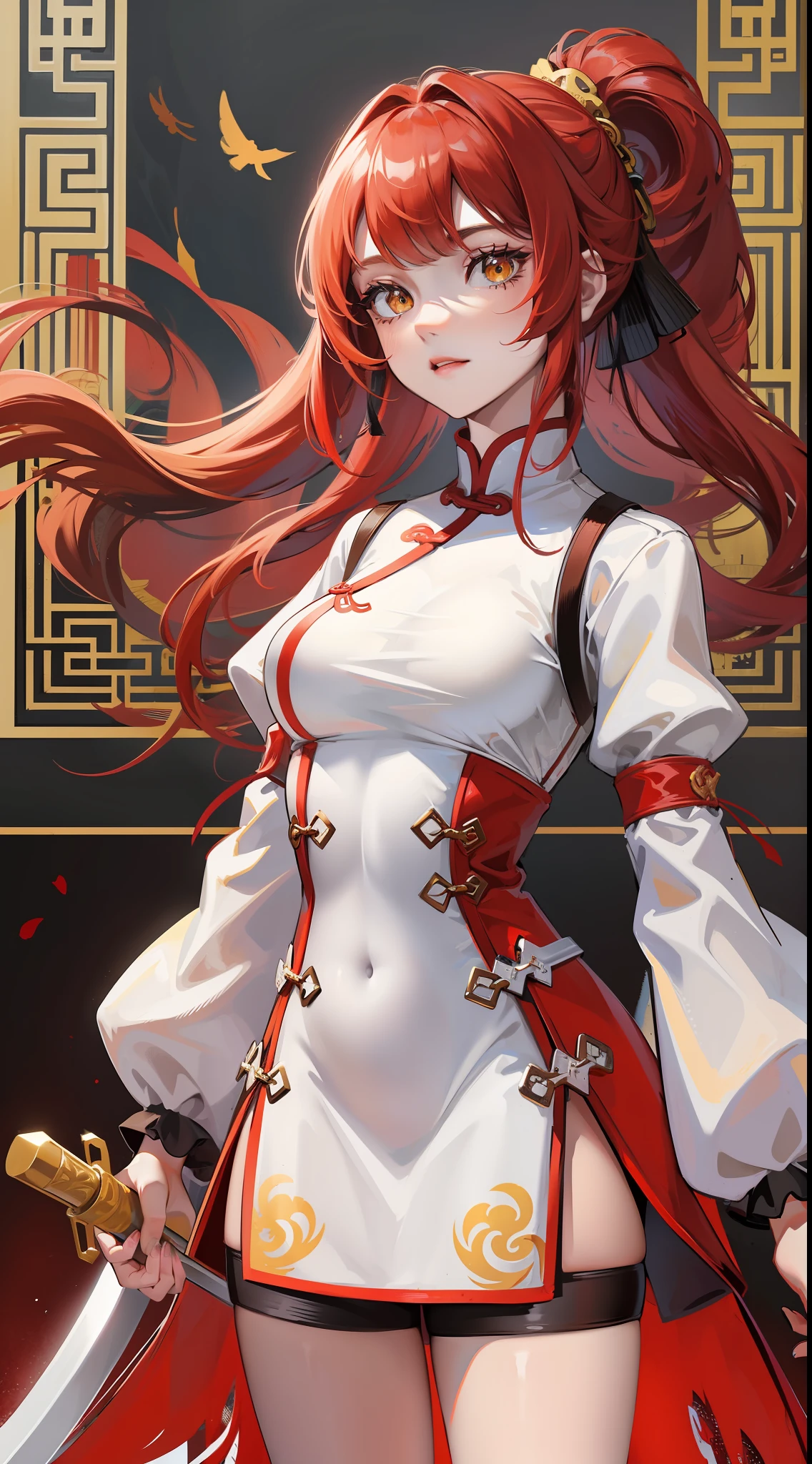 Young girl, long red hair, yellow eyes, white and red Chinese dress, tight dress, tight sleeves, tights, shorts, Chinese sword, masterpiece, high quality