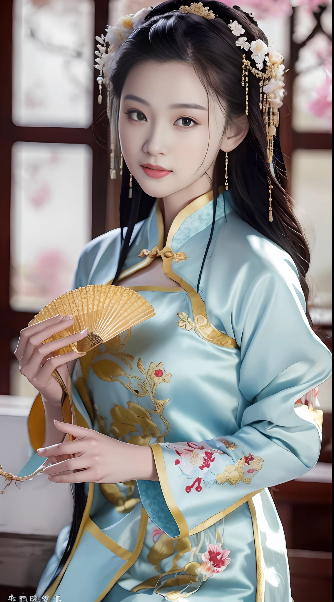 A beautiful woman wearing an embroidered cheongsam, holding a tuan fan (蒲fan) in her hand, looking at you thoughtfully, antique and antique, everyone is beautiful,