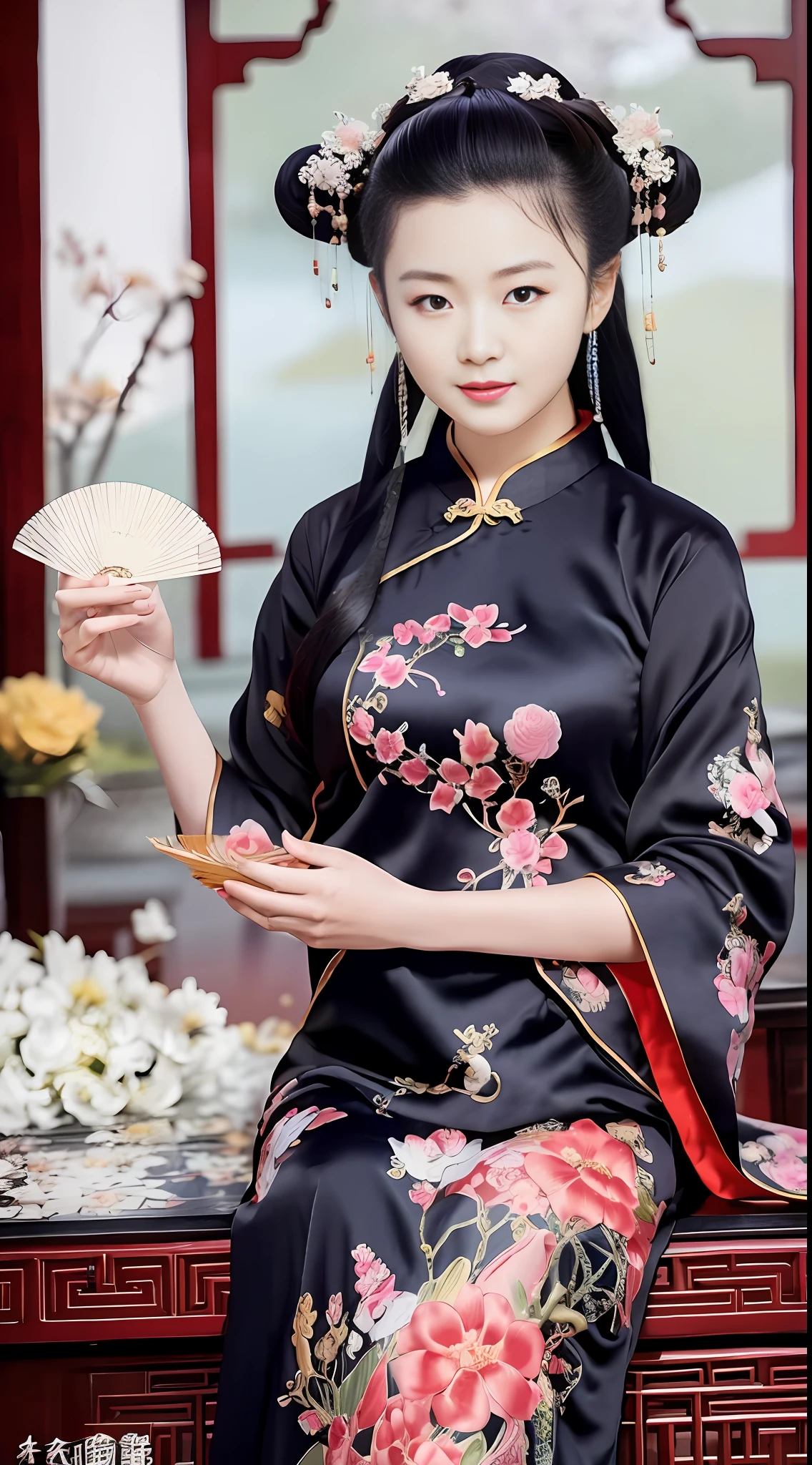 A beautiful woman wearing an embroidered cheongsam, holding a tuan fan (蒲fan) in her hand, looking at you thoughtfully, antique and antique, everyone is beautiful,