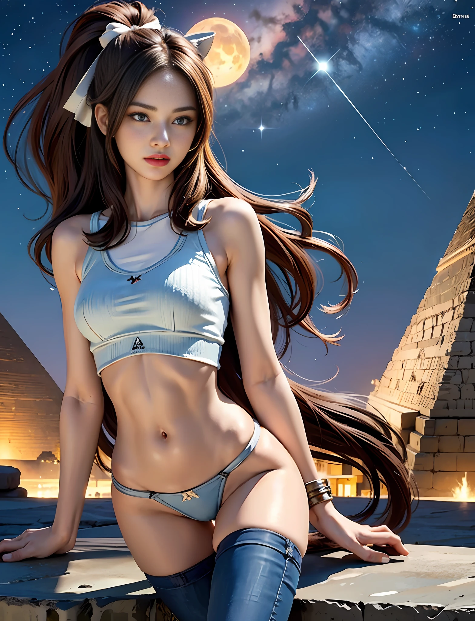 (very detailed RAW color photo), (1 girl), (alone), (19 years), (Goddess body), (athletic), (very defined toned physique), (very defined and beautiful muscular body), (very detailed perfect body), (small and defined breasts), (ultra defined curves), (superior quality, 8k, masterpiece: 1.3), (sharp focus: 1.2), (extremely beautiful girl with perfect figure: 1.4), (very thin waist: 1.2), (ultra detailed skin texture), (perfect and beautiful hands), (smooth and soft skin), (ultra detailed fabric texture), (extremely beautiful ultra detailed face), (perfect butt), (she is wearing a tight summer t-shirt and a denim skirt with ankle boots), (extra long curly brown hair with bangs), (extra long ponytail with ribbon), (very detailed and beautiful tiger ears), (hair on face), dynamic pose, (uniform leaves thighs exposed), (ultra detailed and toned legs), ((very wide hips)), ((very thick and toned thighs)), (sexy), ((extreme hourglass figure)), ((very thick heart lips)), ((red lipstick)), ((blue eyes)), ((angry look)), (blush), (makeup), (ultra-defined waist), eye shadow, (full body shot), with the pyramids of Giza in the background, pyramids behind, very detailed starry sky, desert, stars, starry night, night sky, stars, full moon, galaxies and nebulae.