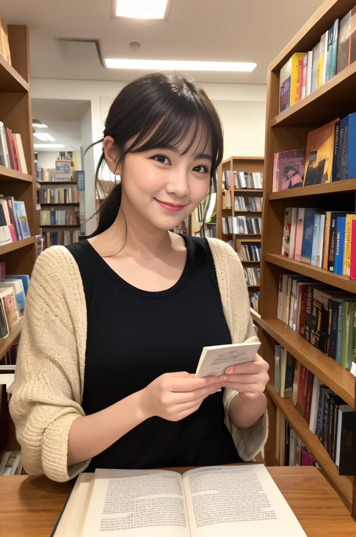 Bookstore date, holiday beauty, looking at me and smiling, asking me on a date, book lover,
BREAK
The story of a beautiful woman who jumps out of ink painting into the real world. She was trapped in an ink painting found in an old bookstore. She doesn't remember her past or name. One day, the owner of a bookstore was holding a picture and looking at it, and suddenly it appeared in the real world. She cried in surprise and horror. The owner of the bookstore calmed her down and took her to his house. She lived with him and went on a journey to find out who she was. BREAK Halftone: This effect simulates the appearance of a halftone print with dots of different sizes and colors. You can create a vintage or comic-like mood in your scene.