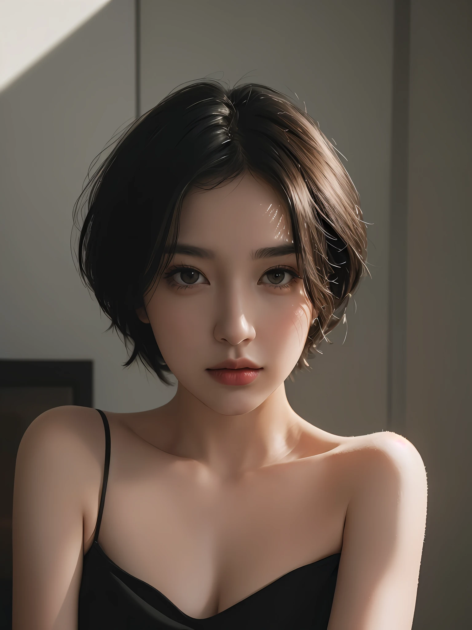 Best quality, masterpiece, ultra high res, (photorealistic:1.5), raw photo, 1girl, offshoulder, in the dark, deep shadow, low key, cold light, sexy look, short hair