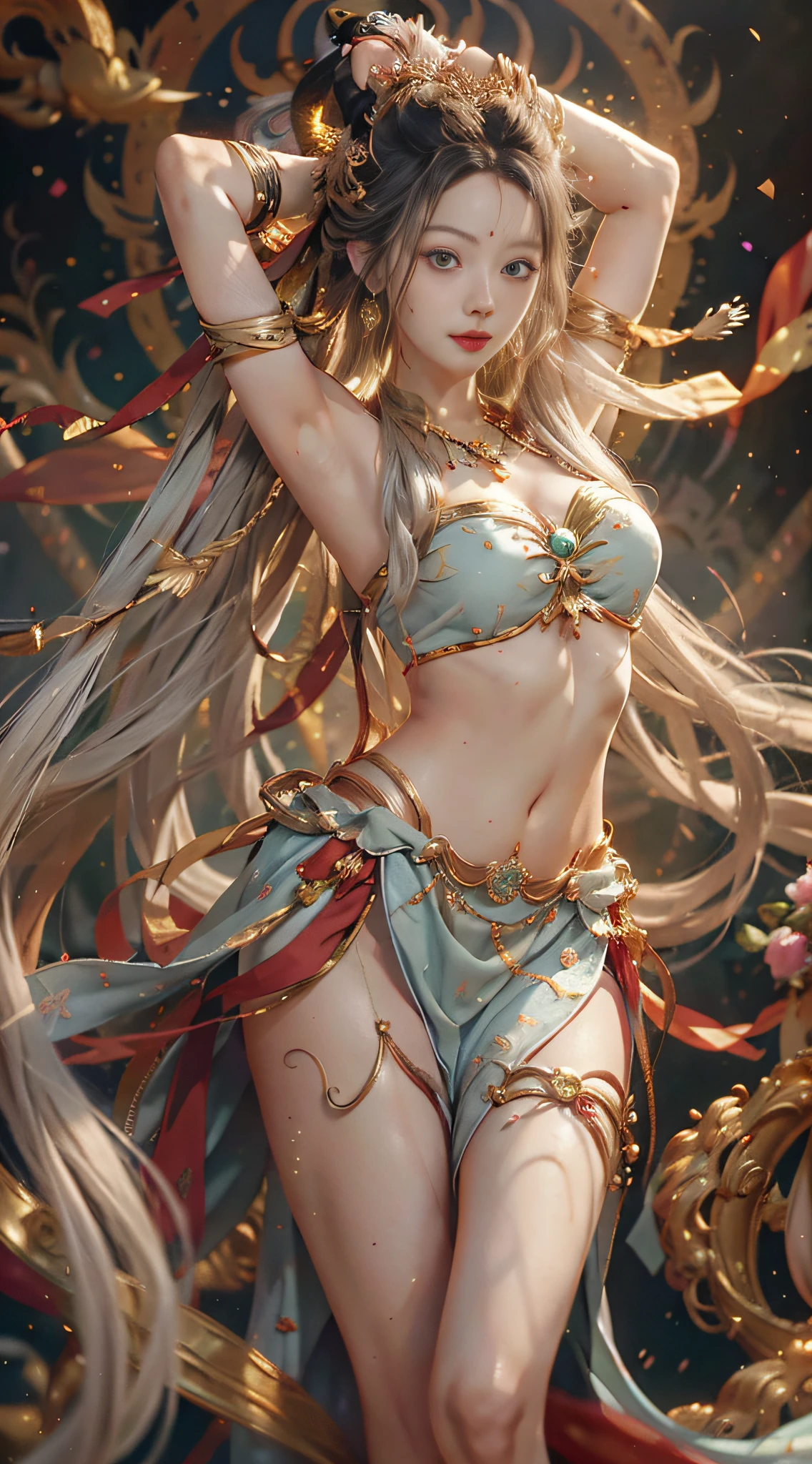 Dunhuang style, 1girle, shoulders, navel, flying fairy, Dunhuang mural in background, dance, gray hair, lots of hair, very long hair, hair ornaments, ribbons, earrings, gold jewelry, hair bubbles, copper bells, red and gold clothes, flowers on the head, gradient eyes, smile, barefoot, no shoes, full body portrait, surrealism, high detail, romanticism, film lighting, glitter, reflected light, masterpiece, super detail, textured skin, anatomically correct, high detail, best quality, High quality, award-winning, 8K