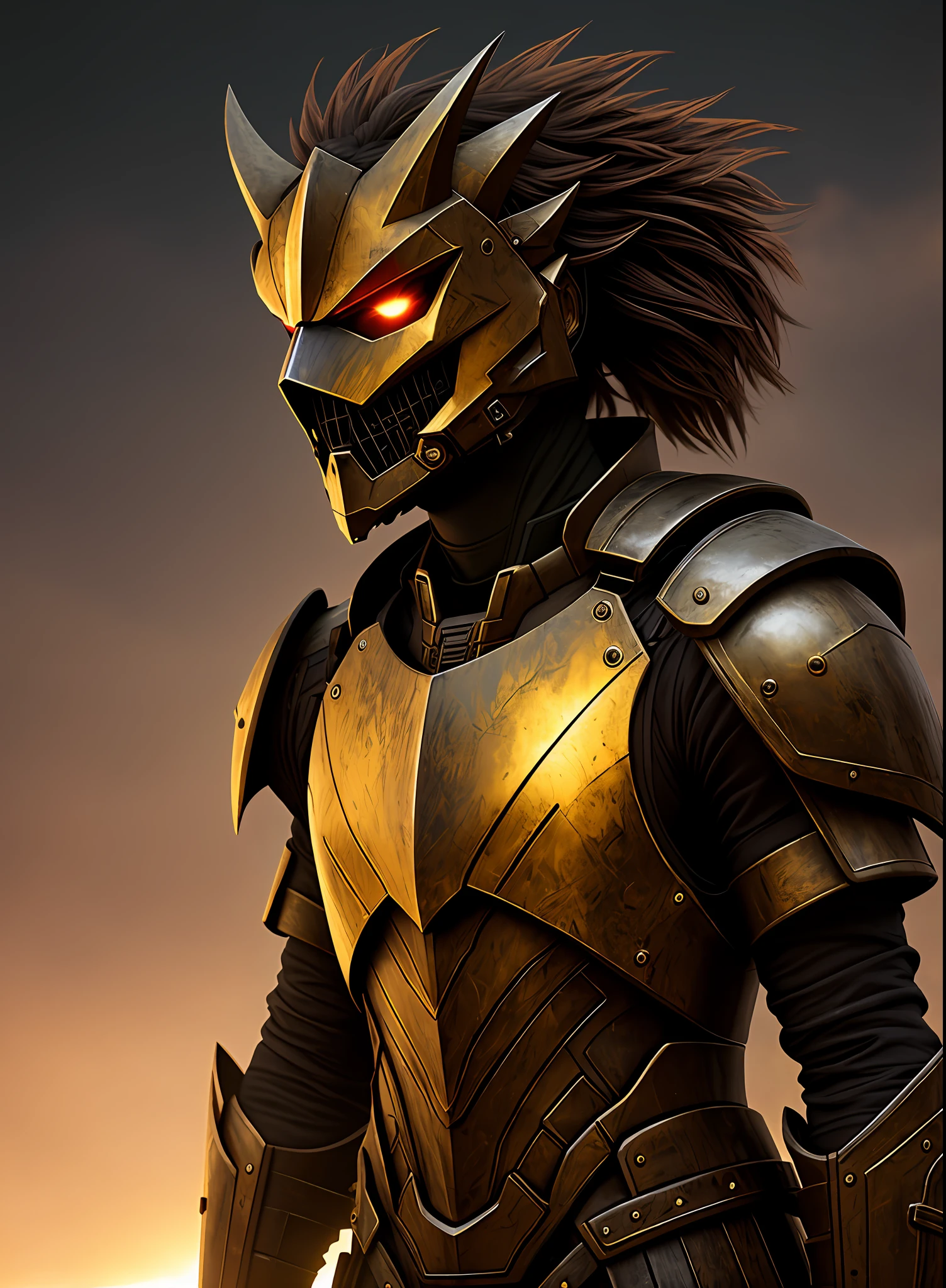 Guerreirol wearing a green-red fighting suit, dark golden armor, a light burning hellish environment, giving the scene a dark atmosphere but sculpting the shapes in crisp chiaroscuro), it's night, (highly detailed skin), (highly detailed fierce face), detailed background, dark lighting, twilight lighting, volumetric lighting, intricate details, UHD, extremely detailed masterpiece, intricate details, (highest quality:  1.3), cinematic shot, ((masterpiece)), (sharp focus: 1.5), (realistic photo: 1.3), detailed background, depth of field, (dark lighting: 1.3), dramatic lighting, twilight lighting, volumetric shadows, highly detailed, intricate details, 8k, UHD, HDR, render in 8k, ultra-hd.