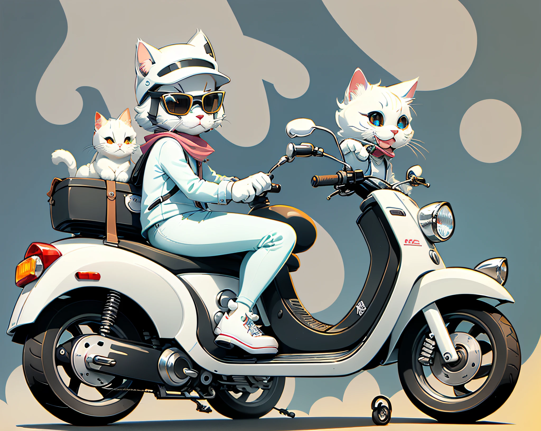 There is a white cat riding a scooter with a hat and sunglasses, welcome, (cat wearing sunglasses, enthusiastic, cute cartoon characters, hand drawn cartoon art style, cartoon style illustration, simple and clean illustration, mascot illustration, illustration line art style, funny illustration, cute illustration, hello, 3 0, adobe illustrator made, moped rider, cyclist