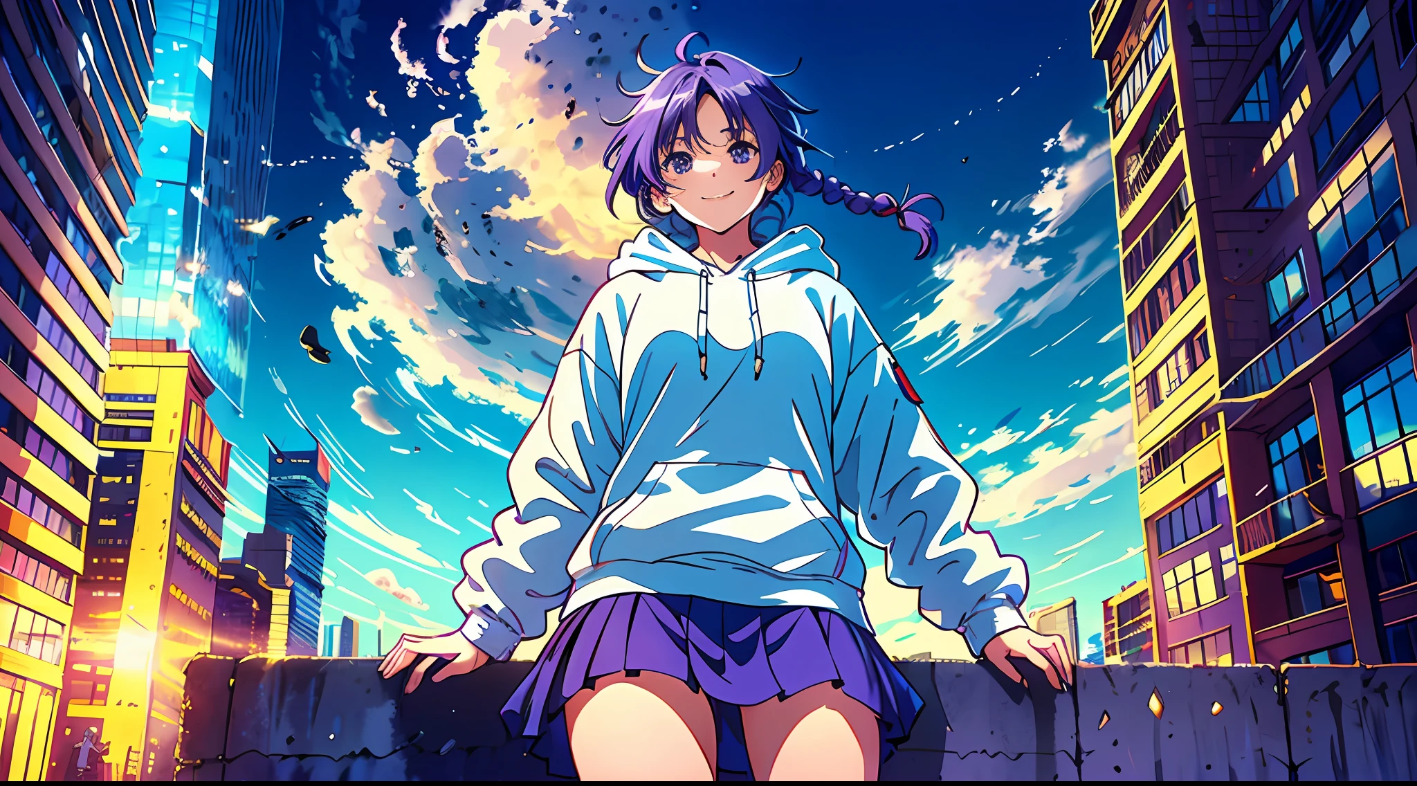 1girl, Smiling girl facing me, braid, long purple hair, modern hoodie, mini skirt, Converse shoes, modern city, on the edge of skyscape roof, noon, sun, blue sky, clouds, (taken from behind)), low angle, volumetric lights, 8K, top quality, sharp, detail, moon and sun, crystal clear night sky