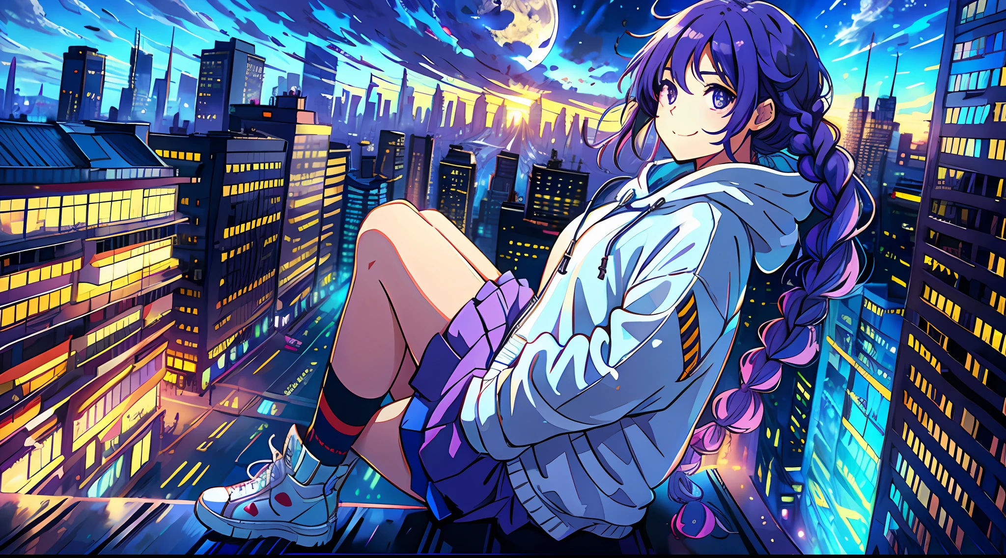 1girl, Smiling girl facing me, braid, long purple hair, modern hoodie, mini skirt, Converse shoes, modern city, on the edge of skyscape roof, noon, sun, blue sky, clouds, (taken from behind)), low angle, volumetric lights, 8K, top quality, sharp, detail, moon and sun, crystal clear night sky