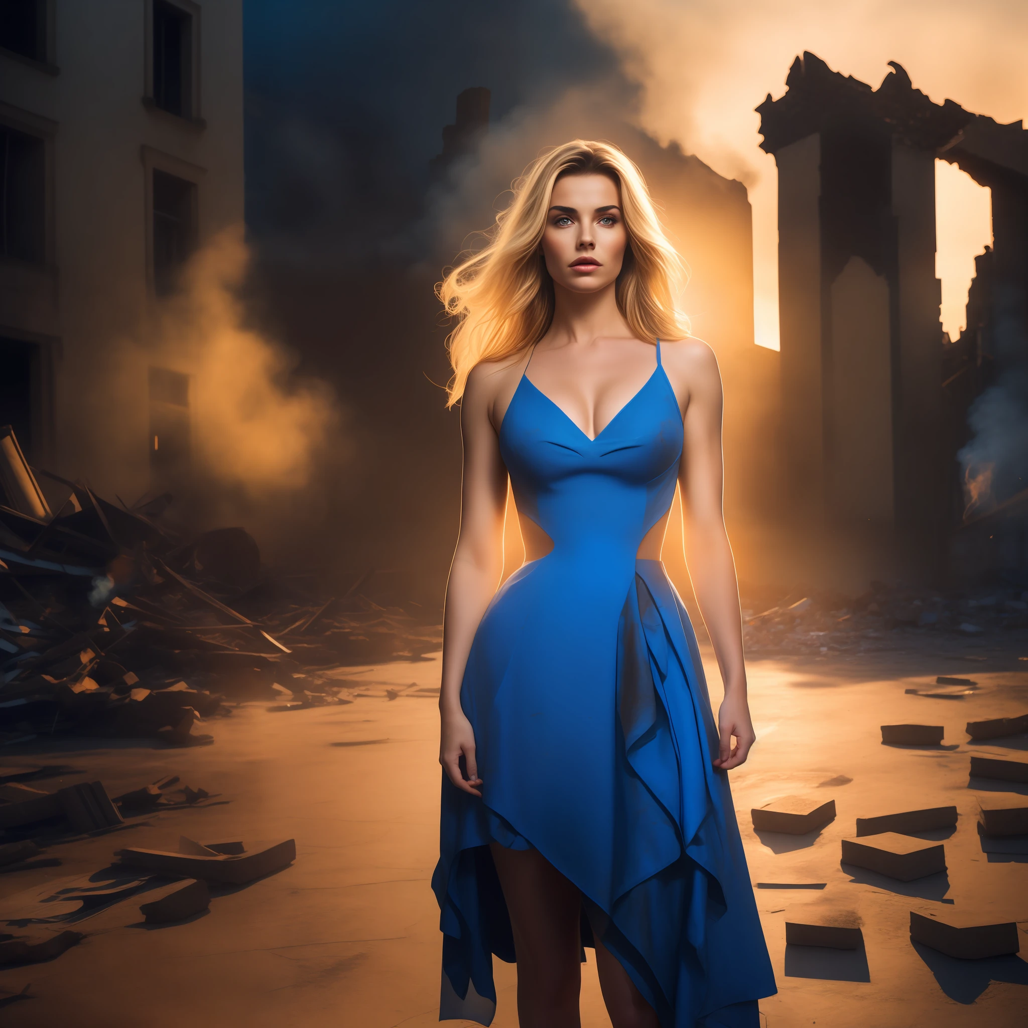 one beautiful european woman in blue and yellow dress, photo of sassy woman with angry look, blonde hair, large breasts, nice legs, superhero pose, standing in ruined city at sunset, hyperdetailed, smoke, sparks, sunlight, (8k), realistic, symmetrical, award-winning, cinematic lightning, soaked, film, 75mm, scratches, full body shot, torn and dirty clothes, detailed face,
