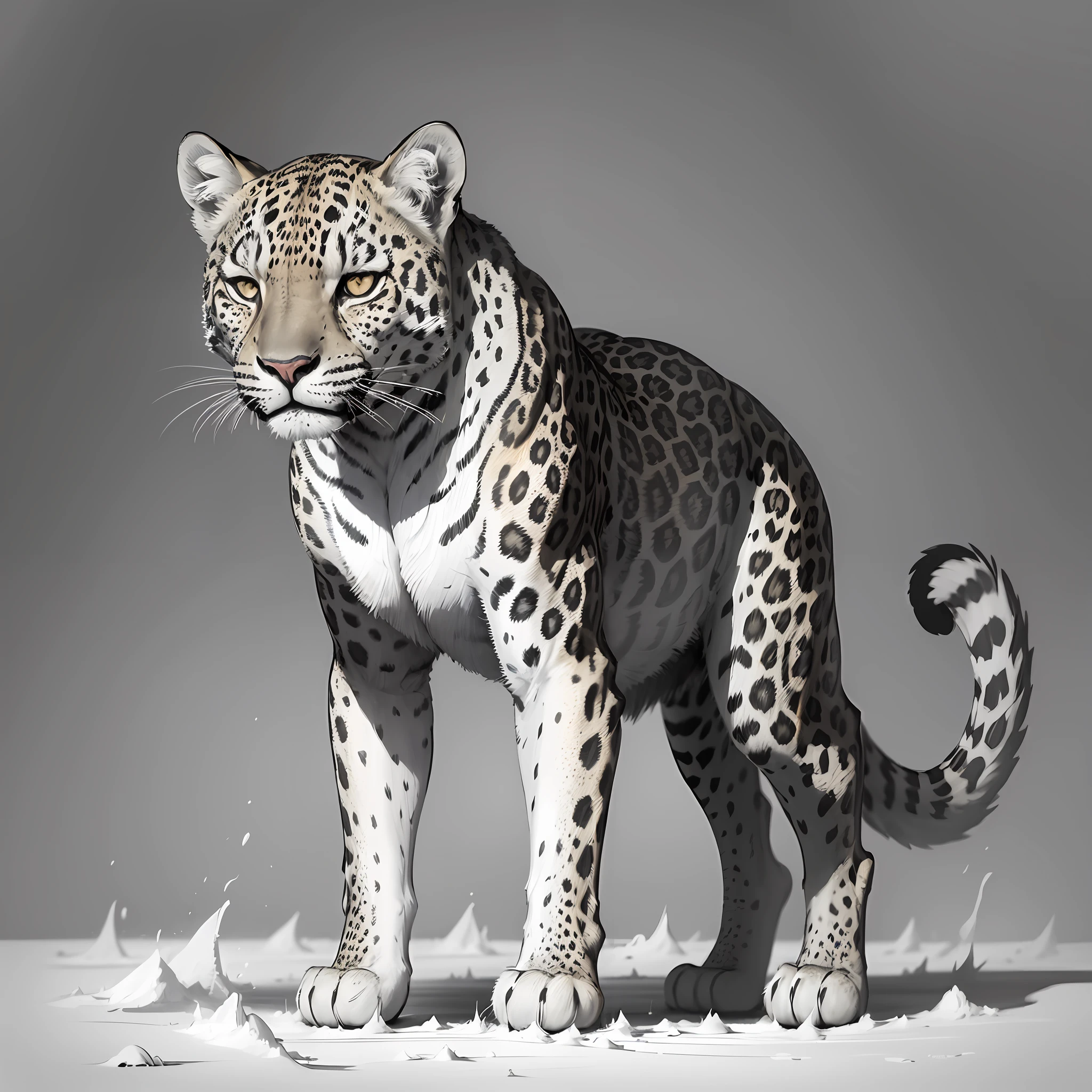 a black and white drawing of a leopard standing in the snow, highly detailed”, highly detailed ”, jaguar head tattoodesign, higly detailed black ink outline, by Dean Ellis, black on white line art, by Dahlov Ipcar, wildlife drawing, b & w, b&w, b&w!, very detailed”, very detailed ”, cub, cheetah --auto --s2