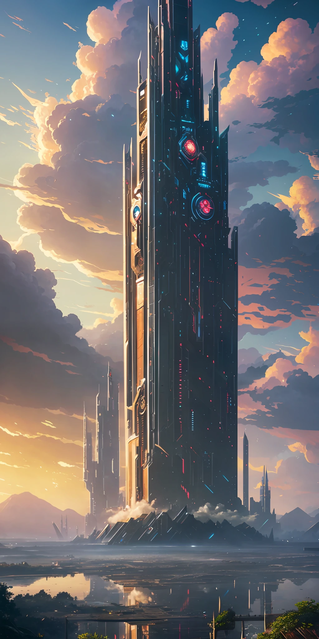 Illustration of a hyperrealistic , otherworldly, ultrasky scene featuring a giant indian demi gods,full body,very detailed and magical neon lighting, intricate cityscape details, vegetation and river around, solarpunk ,landscape, giant tree, beatifull leafy with beautiful lighting and realistic proportions, as if it were a cinematic background, 8k, highest quality, masterpiece, clouds and stars in the sky.Sky, Clouds, holding_weapon, no_humans, Glow,cyborg, city with tall trees _Architecture, “sky, cloud, glowing,ghost in the shell, ghost machines, robot, cybernetic _mech, sci-fi, cityscape, realistic, mechanical” Science Fiction, Cities, Rendered in Octane, hyper realistic, 8k, epic composition, cinematic, octane render, artstation landscape vista photography by Carr Clifton & Galen Rowell, 16K resolution, Landscape veduta photo by Dustin Lefevre & tdraw, 8k resolution, detailed landscape painting by Ivan Shishkin, DeviantArt, Flickr, rendered in Enscape, Miyazaki, Nausicaa Ghibli, Breath of The Wild,,trending in artstation, cgsociety, 8k post-processing highly detailed,Junji Murakami, Mucha Klimt, Sharandula, Hiroshi Yoshida, Tom Bagshaw, Ross Tran, Artgerm,Craig Mullins,dramatic,Junji Murakami, moody lighting rendered by octane engine,characters 8K symmetrical arstation, cape,cinematic lighting, intricate details, 8k detail post processing, hyperealistic, octane rend, Zdzisław Beksiński style, ar 2:3 Reality Reality –auto –v6 –s2 --auto --s2