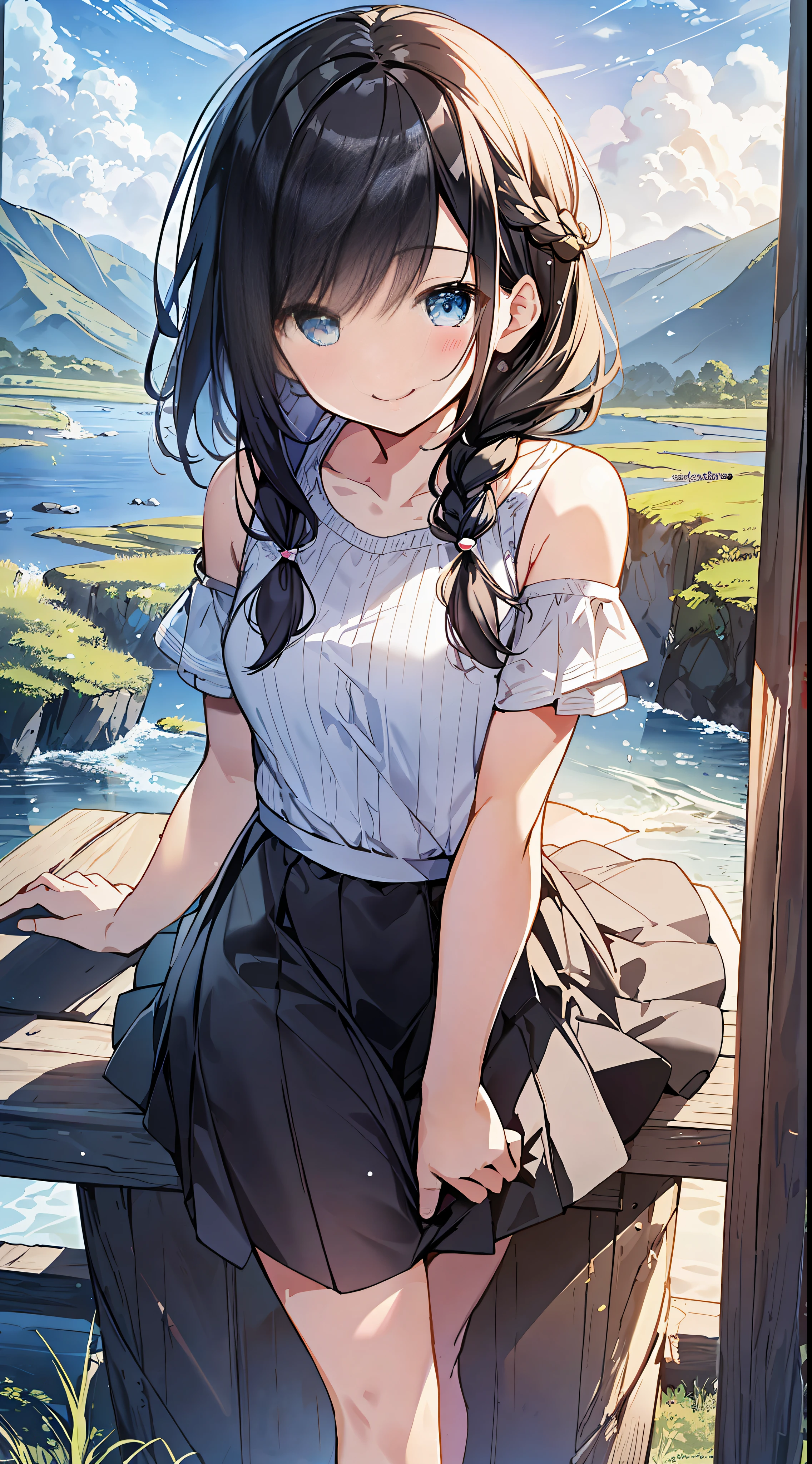 Top Quality, Masterpiece, Ultra High Definition, 8k, Summer Sky, Early Summer, (Light Blue Maxi Skirt, Light Knit, Sneakers), Shojo Manga Style Loli, One, Soft Line Art, Digital Enhancement, Shoujo Manga Touch, Shojo Manga Core, Flowing Fabric, Close Up, (Shoulder Length and Short Braid)), Wet Hair, Staring at Us Head-on, Soft Drawing, Beautiful Black Hair, clear eyes, ((teasing smile)), ultra-detailed digital anime art, clear face depiction, ultra-detailed shoujo manga character art, ultra-detailed manga style, top quality colors, hand gestures, landscape with nature, looking up at the sky, angle that can be seen up to the feet