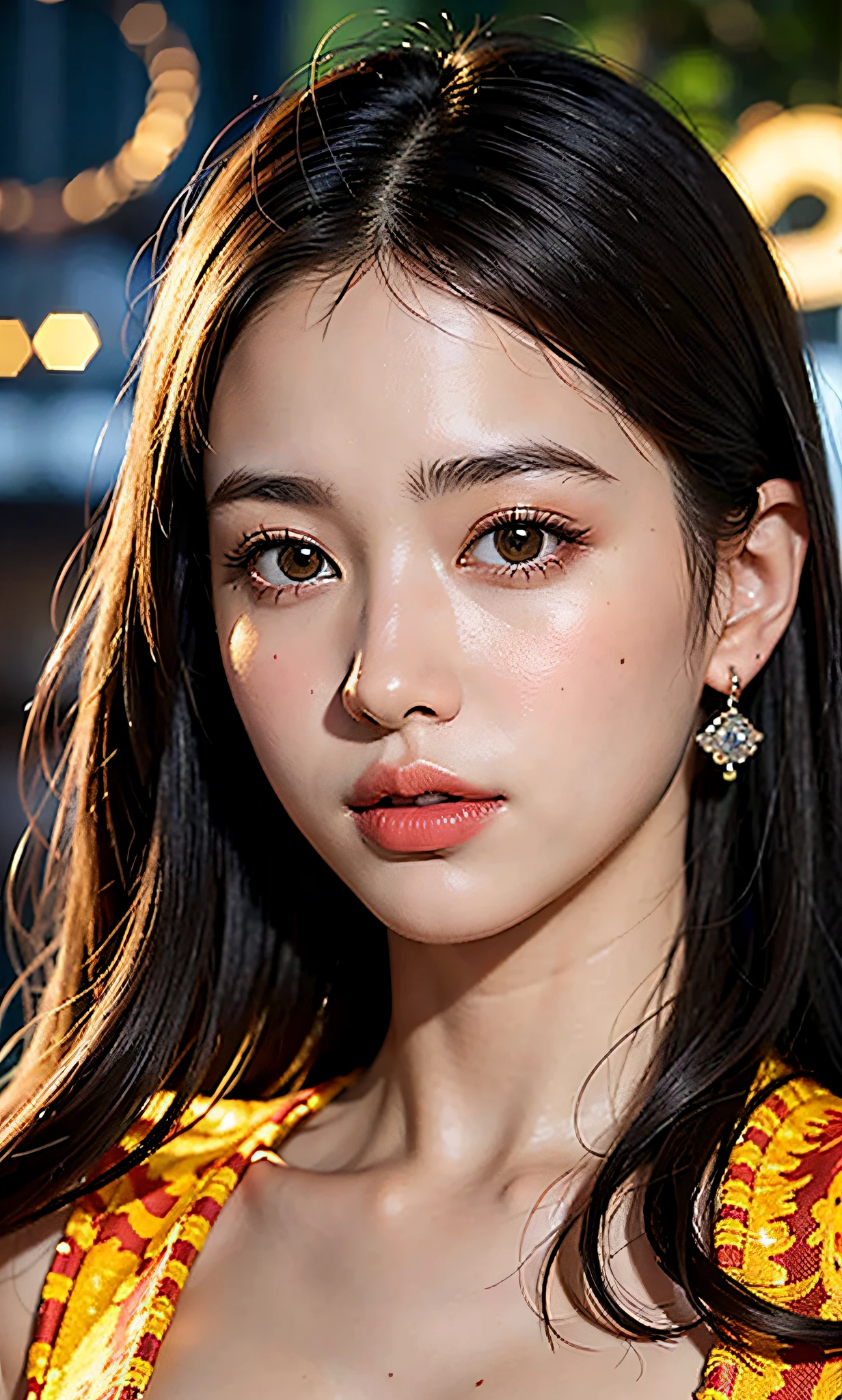 Best quality,masterpiece,ultra high res,(photorealistic:1.4)1girl,beautiful_face,detailed skin,full body,yuhuoshu,jewelry,solo,earrings,(fire:1.3),blurry,realistic,lips,