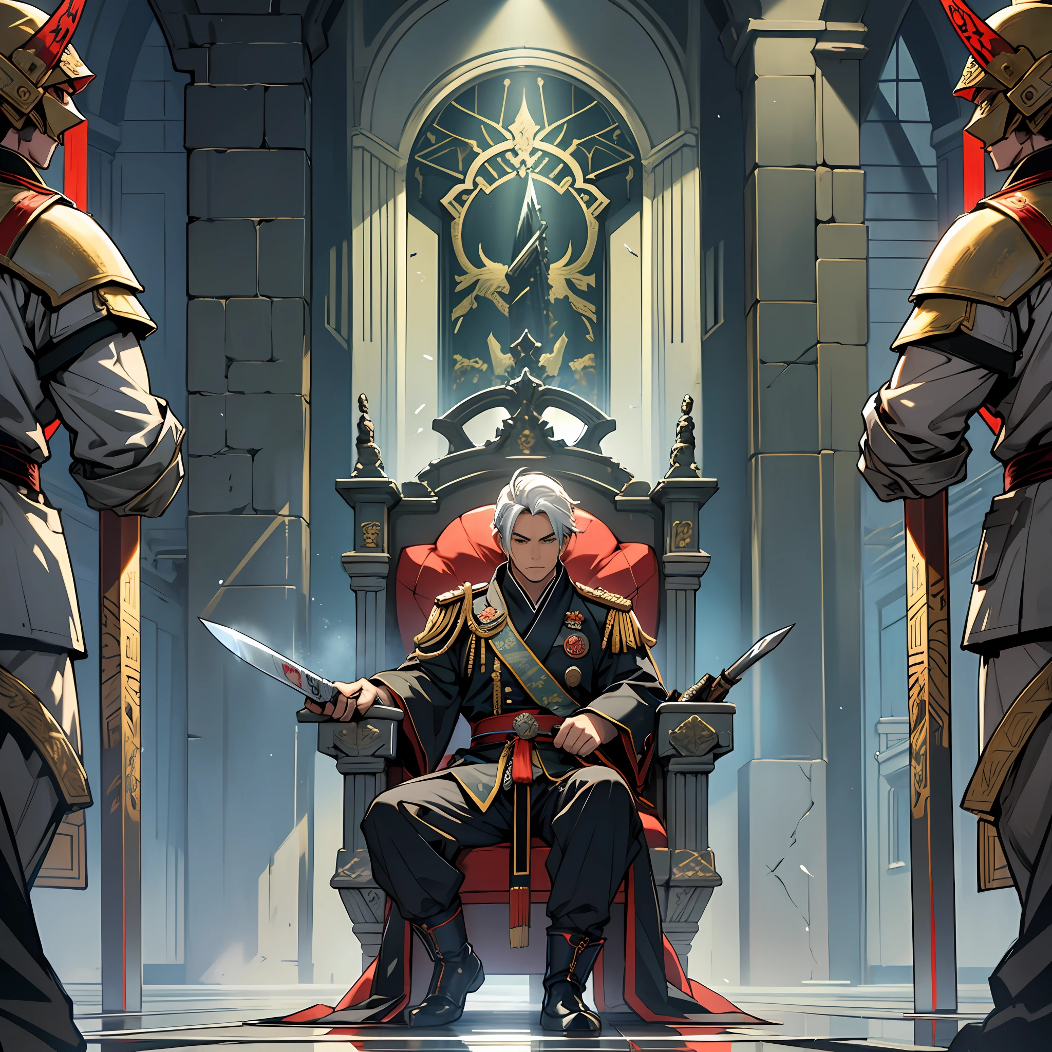 A huge steel battleship, 2 rows of guards on the battleship, a young general, the general with a golden knife sitting on the throne --auto --s2