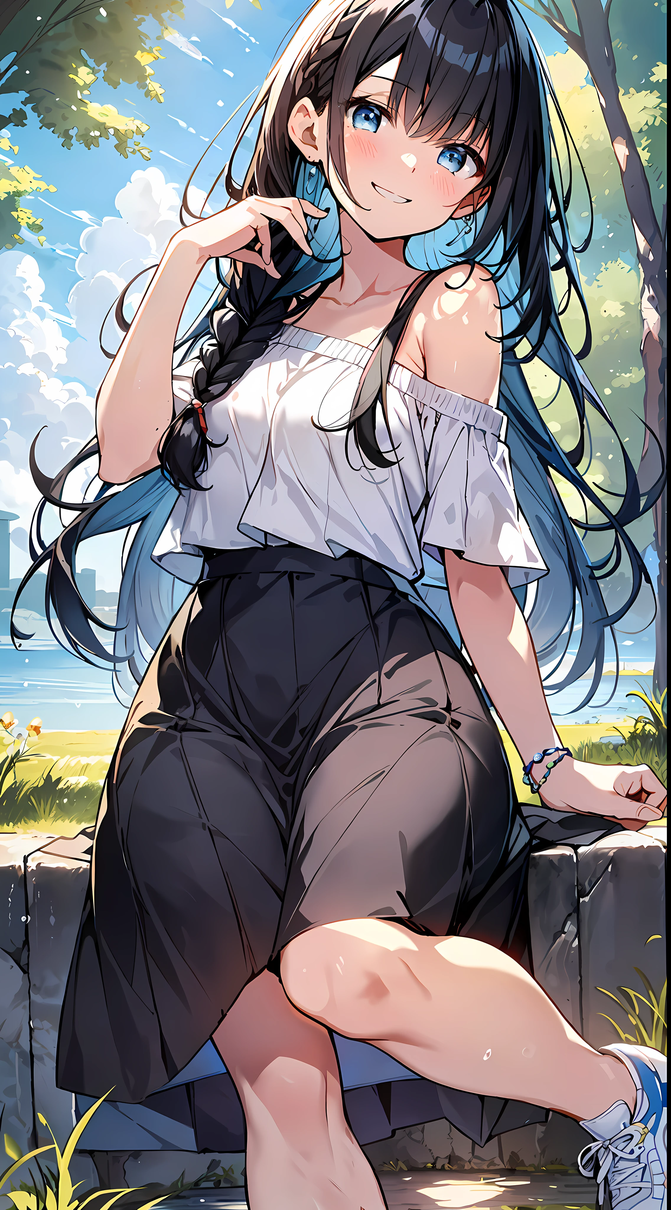 Top Quality, Masterpiece, Ultra High Definition, 8k, Summer Sky, Early Summer, (Light Blue Maxi Skirt, Light Knit, Sneakers), Shojo Manga Style , One, Soft Line Art, Digital Enhancement, Shoujo Manga Touch, Shojo Manga Core, Flowing Fabric, Close Up, (Shoulder Length and Short Braid)), Wet Hair, Staring at Us Head-on, Soft Drawing, Beautiful Black Hair, clear eyes, ((teasing smile)), ultra-detailed digital anime art, clear face depiction, ultra-detailed shoujo manga character art, ultra-detailed manga style, top quality colors, hand gestures, landscape with nature, looking up at the sky, angle that can be seen up to the feet
