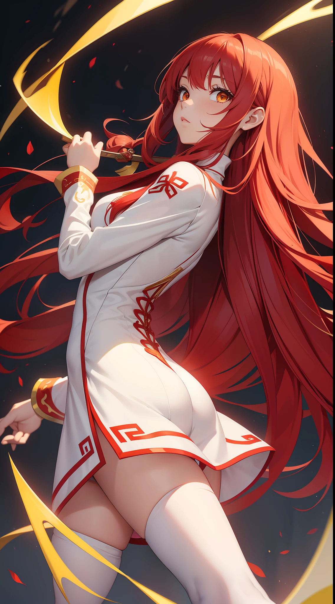 Young girl, long red hair, yellow eyes, white and red Chinese dress, tight dress, tight sleeves, tights, shorts, Chinese sword, masterpiece, high quality