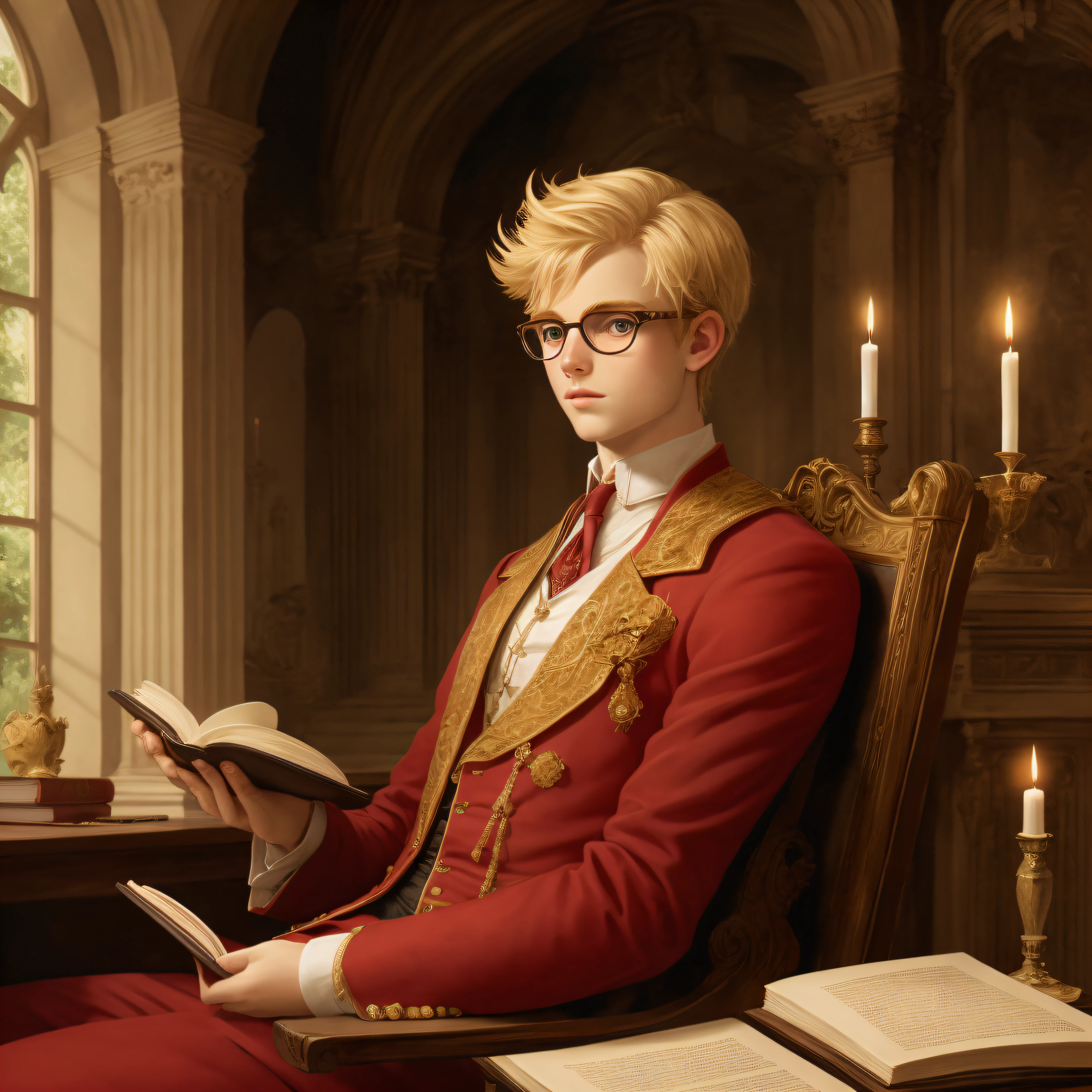 Masterpiece, highest quality, palace, dim interior, flickering candlelight, a short-haired blond boy with glasses sitting holding a book