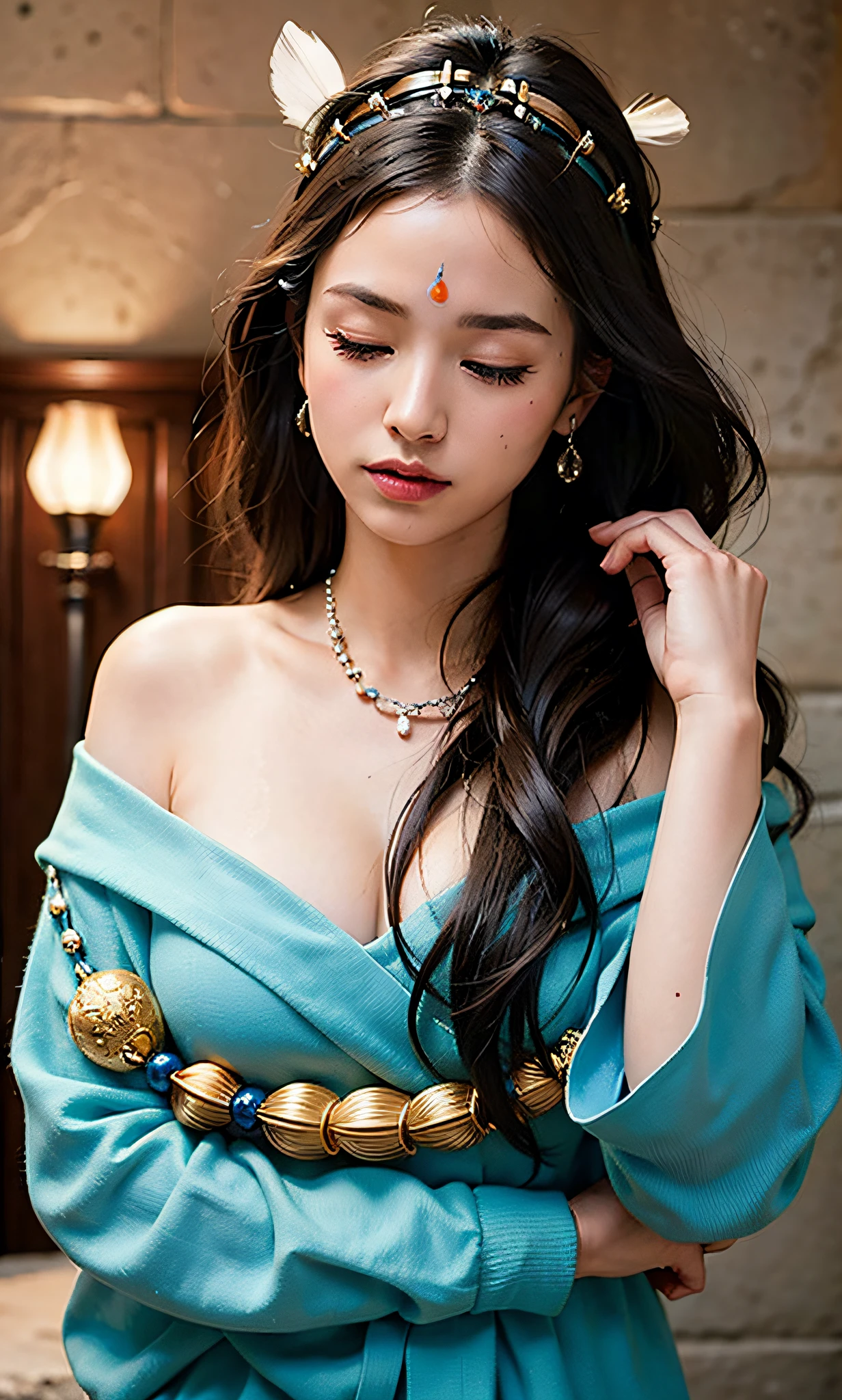 (full portrait), (half shot), solo, detailed background, detailed face, (stonepunkAI, stone theme:1.1), wise, (female), (native american), (beautiful hair, braids:0.2), shaman, septum piercing, mystical, (gorgeous face), stunning, head tilted upwards, (eyes closed, serene expression), calm, meditating, Seafoam Green frayed clothes, prayer beads, tribal jewelry, feathers in hair, headdress:0.33, jade, obsidian, detailed clothing, cleavage, realistic skin texture, (floating particles, water swirling, embers, ritual, whirlwind, wind:1.2), sharp focus, volumetric lighting, good highlights, good shading, subsurface scattering, intricate, highly detailed, ((cinematic)), dramatic, (highest quality, award winning, masterpiece:1.5), (photorealistic:1.5), (intricate symmetrical warpaint:0.5),