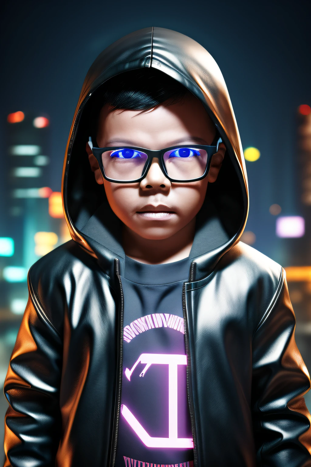 guttonerdvision4, a 3  boy wearing glasses, detailed skin and face, half body, with hooded leather clothing, cyberpunk style, neon, colored lights, ultra realistic rainy cyberpunk city scenery, realistic character,