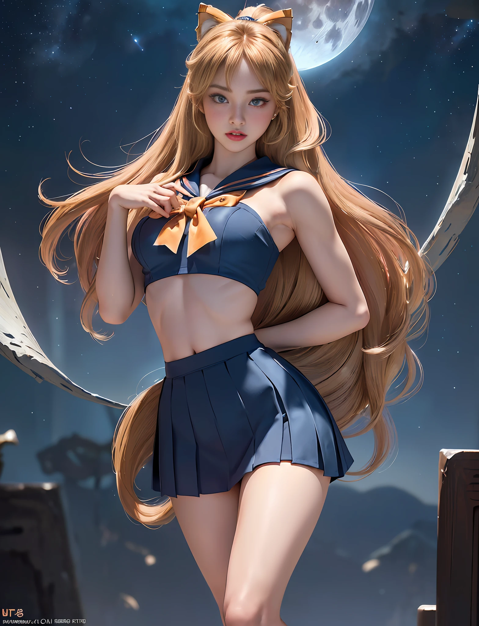 ((very detailed RAW color photo)), ((realistic)), (((1 girl))), (((alone))), (((33 years))), ((athletic)), ((very defined toned physique)), ((very defined and beautiful muscular body)), (((very detailed perfect body))), (((small and defined breasts))), (((ultra defined curves))), (((superior quality, 8k, masterpiece: 1.3)), sharp focus: 1.2, (((extremely beautiful girl with perfect figure: 1.4))), ((very thin waist: 1.2)), ultra detailed skin texture,  ((perfect and beautiful hands)), ((smooth and soft skin)), (ultra detailed fabric texture), extremely beautiful ultra detailed face, (((extremely beautiful))), ultra detailed, (((girl wearing Sailor Venus costume))), (((the suit wears miniskirt))), (((extremely long curly blonde hair))), extremely beautiful, (((extra long ponytail with bangs))), ((very detailed and beautiful wolf ears)), (hair on the face),  ((hair ribbon)), dynamic pose, ((uniform leaves thighs exposed)), ((ultra detailed and toned legs)), (((ultra detailed waist))), (((very wide hips))), (((very thick and toned thighs))), (sexy), (((extreme hourglass figure))), (((very thick heart lips))), ((red lipstick)), ((ultra detailed lips)), ((ultra detailed blue eyes)), ((angry look)), (((staring at the viewer))),  ultra detailed provocative mouth, extremely beautiful seductive lips, ((blushing)), (makeup), (((ultra defined waist))), eye shadow, (full body shot), starry night, night sky, stars, full moon, galaxies and nebulae, snow