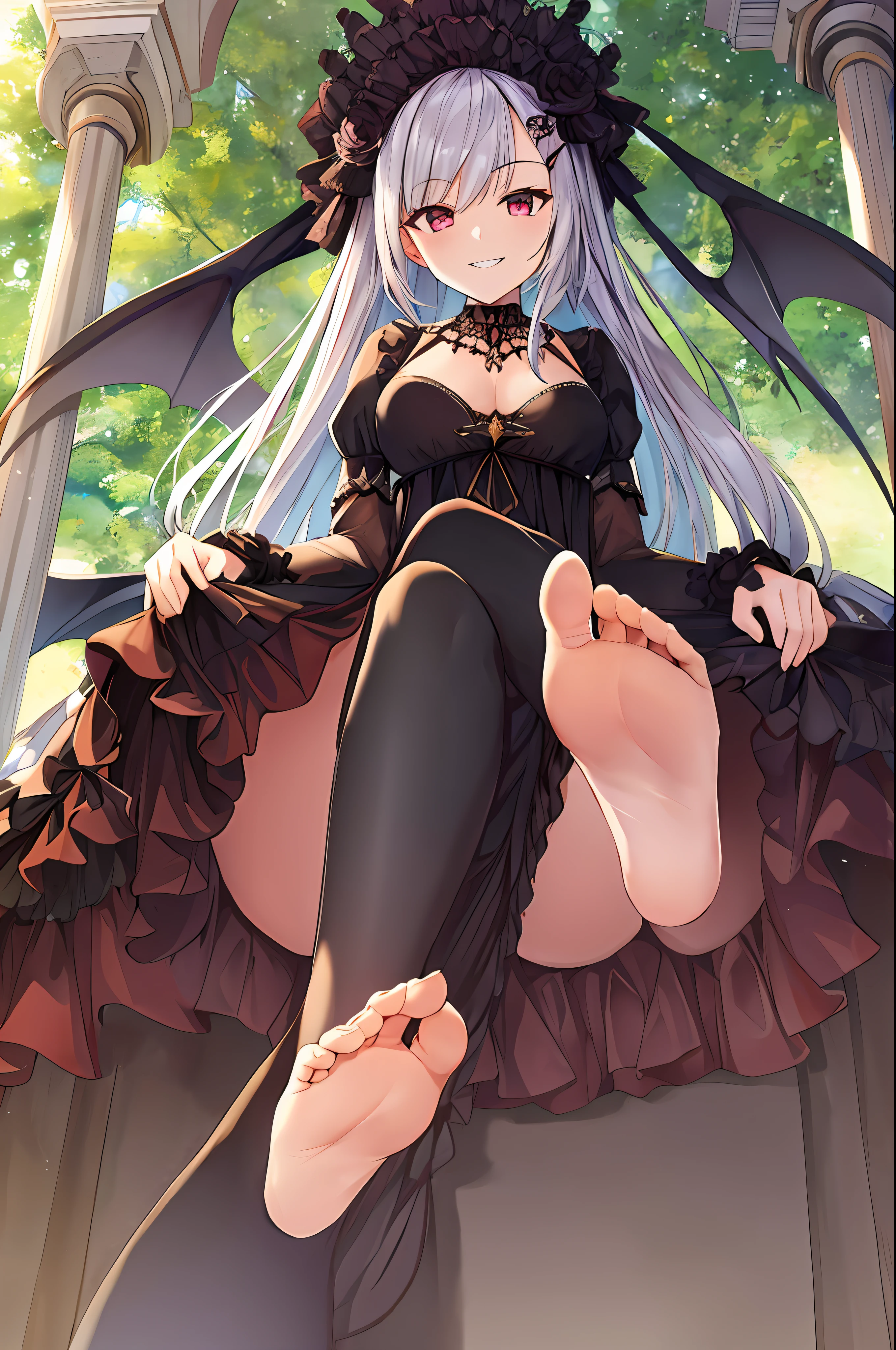 1girl, succubus, long dress, ((from below, foot foucs)), sadistic smile, crossing leg, sitting, masterpiece, best quality,