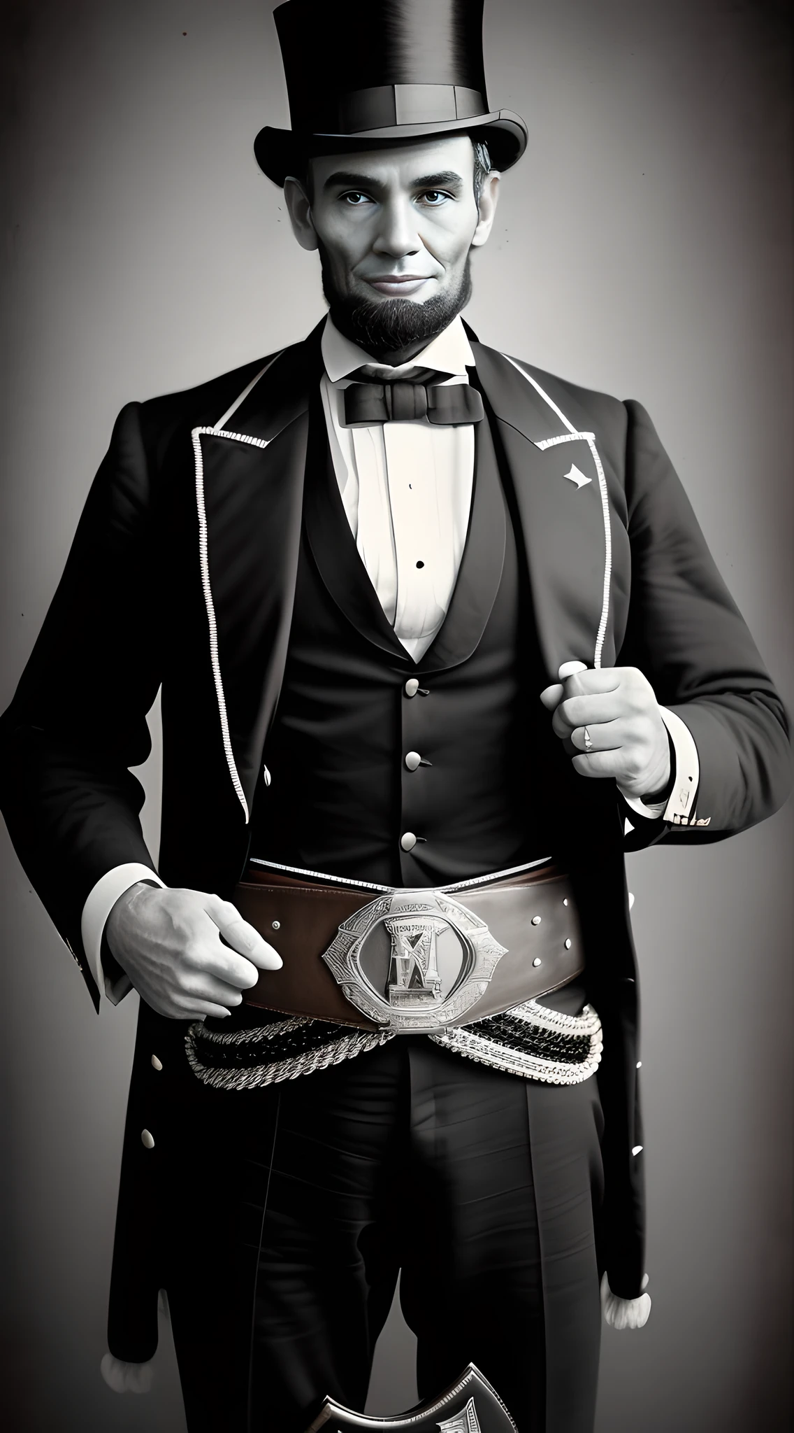 (vintage photo, masterpiece, UHD, ultra high res:1.3), Abraham Lincoln, (formidable build:1.4), (strong physique:1.4), vintage wrestling attire, (impressive championship belt:1.4), (signature top hat:1.2), set in a vintage wooden wrestling ring, enthusiastic spectators, sepia tone, (triumphant look:1.2), realistic style.
