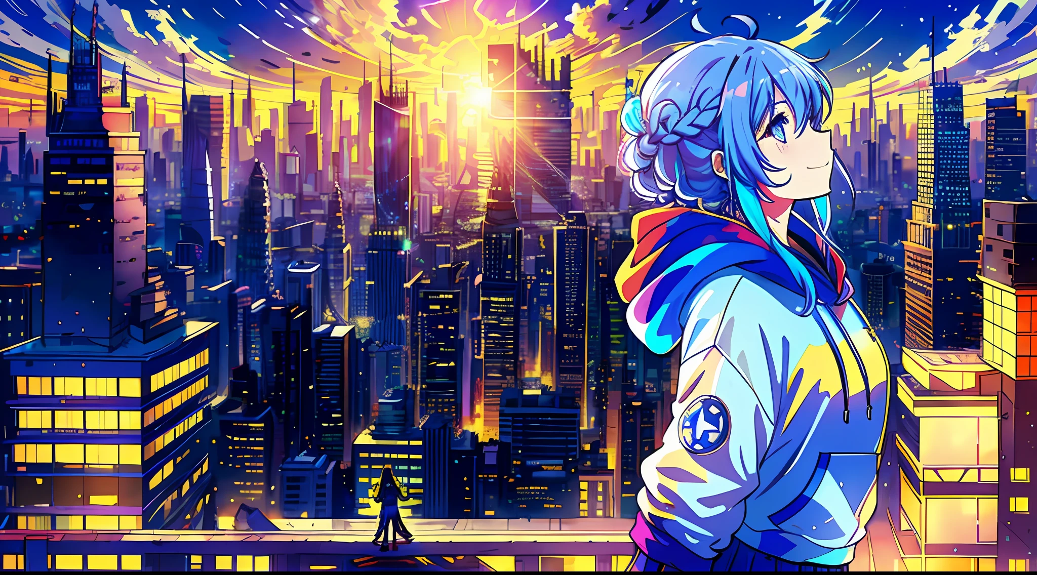 1girl, Smiling girl facing me, braid, long purple hair, modern hoodie, mini skirt, Converse shoes, modern city, on the edge of skyscape roof, noon, sun, blue sky, clouds, (taken from behind)), low angle, volumetric lights, 8K, top quality, sharp, detail, moon and sun, crystal clear night sky
