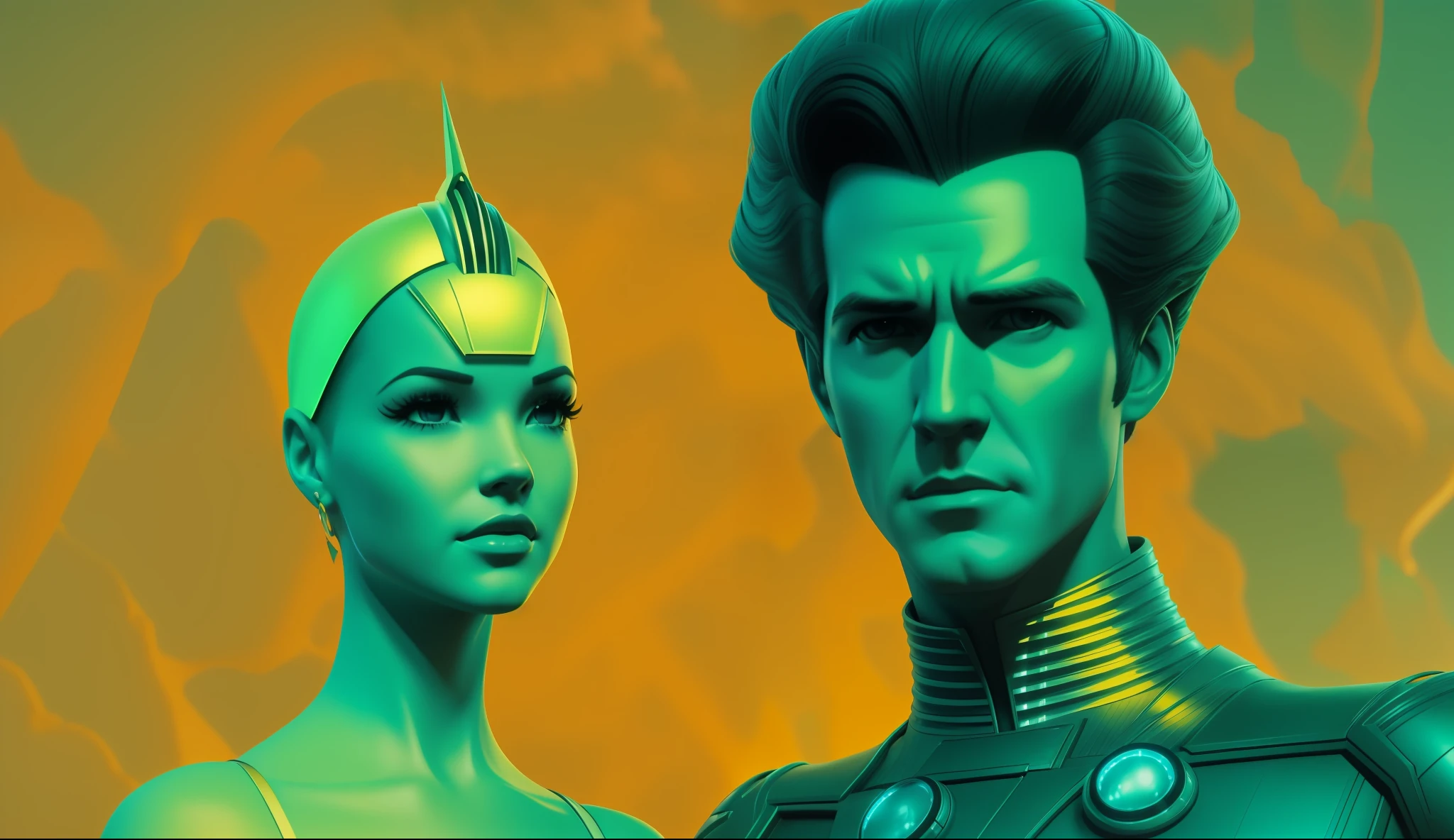 a man (Clark Gregg) and a woman (Dove Cameron) are standing next to each other, poster art by Jim Steranko, zbrush central contest winner, retrofuturism, reimagined by industrial light and magic, daz3d, surrealist