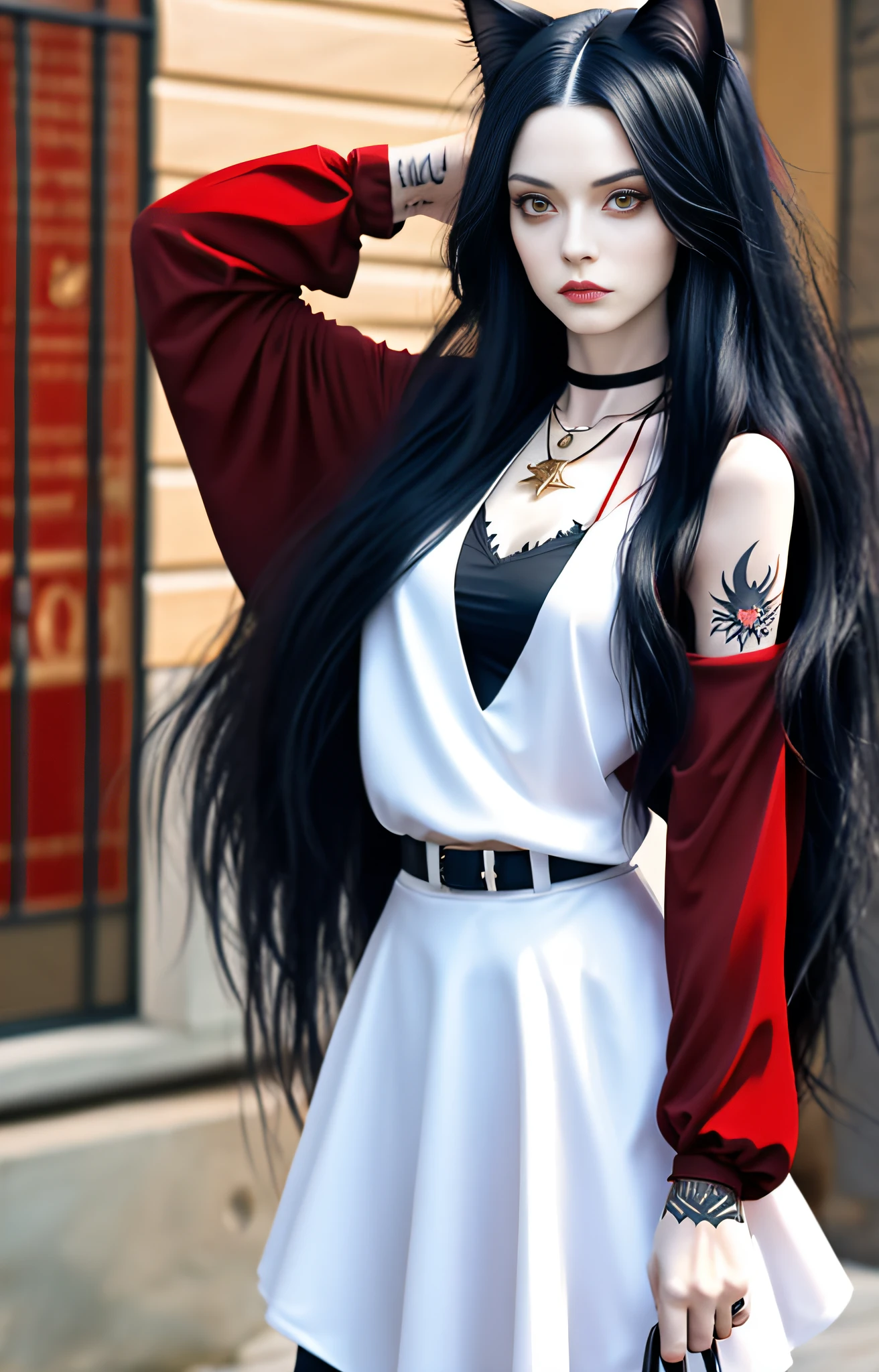 Adult female, magic, cat ears, golden eyes, tattoos, red clothes, black necklace, long white hair, epic reality, 8K HD, sword, surrealism, soft light