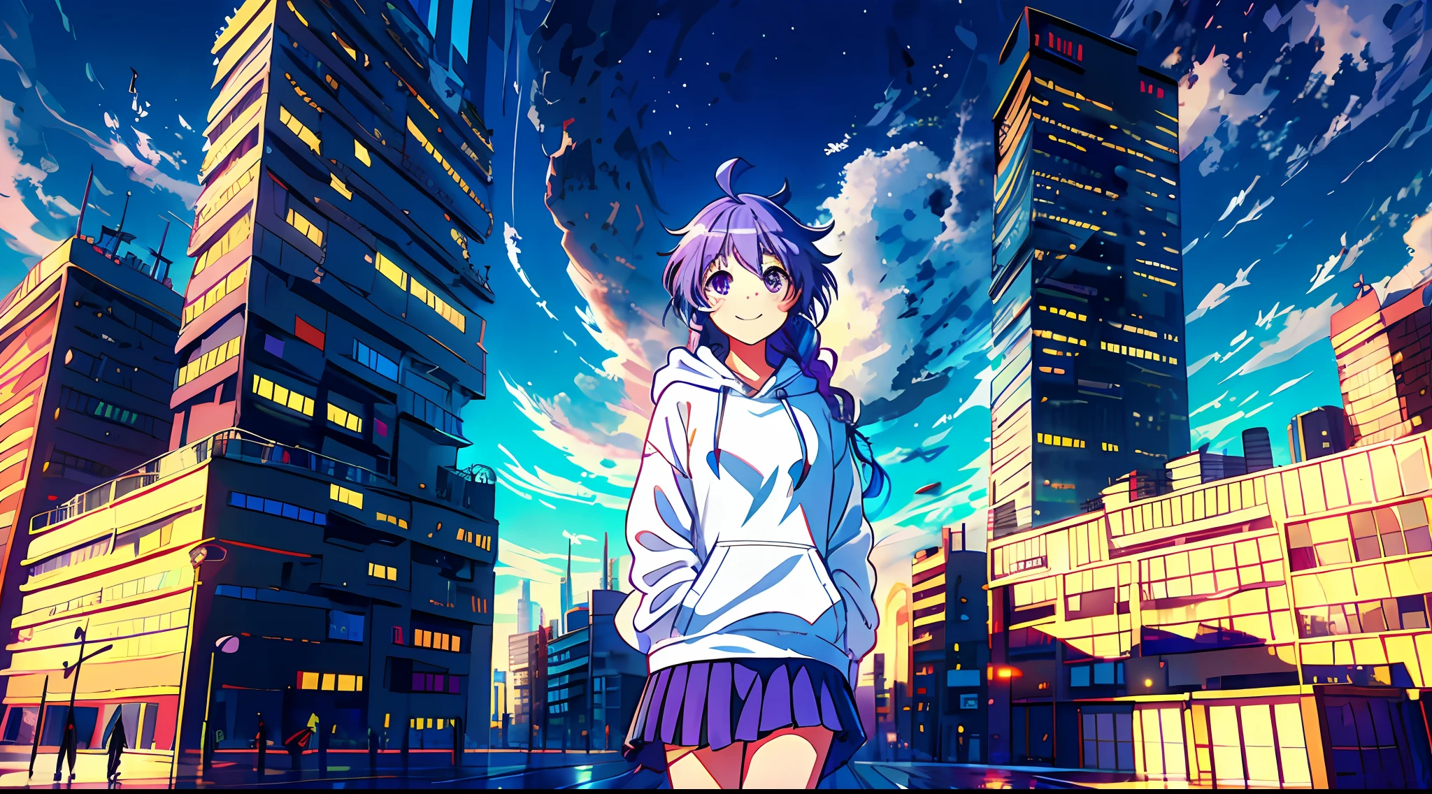 1girl, Smiling girl facing me, braid, long purple hair, modern hoodie, mini skirt, Converse shoes, modern city, on the edge of skyscape roof, noon, sun, blue sky, clouds, (taken from behind)), low angle, volumetric lights, 8K, top quality, sharp, detail, moon and sun, crystal clear night sky