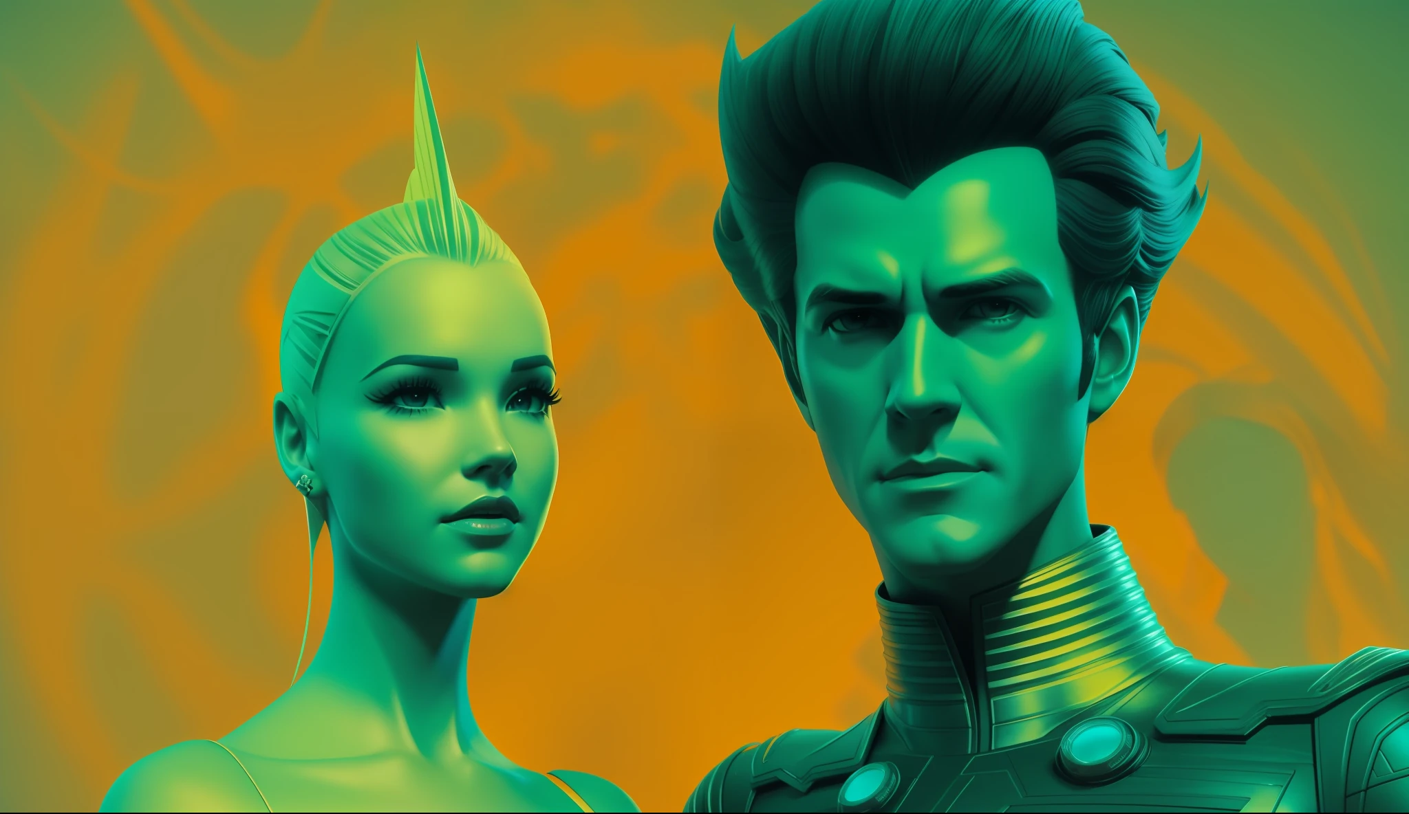a man (Clark Gregg) and a woman (Dove Cameron) are standing next to each other, poster art by Jim Steranko, zbrush central contest winner, retrofuturism, reimagined by industrial light and magic, daz3d, surrealist