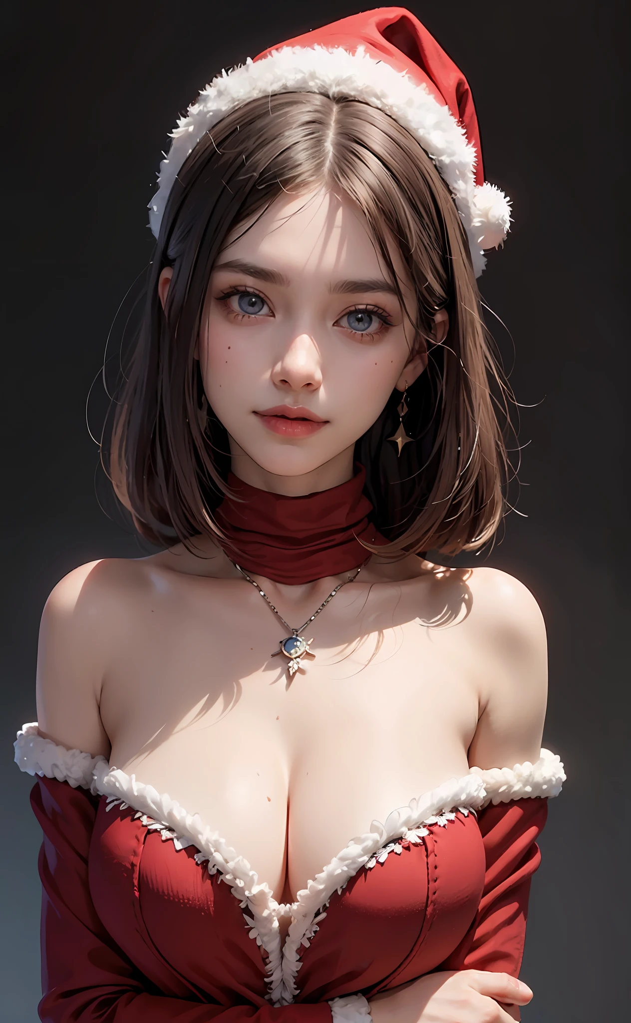 Red knitwear, turtleneck, red costume of Santa Claus, (open all buttons: 1.1), Santa Claus hat, smile, smile, big, big breasts, deep cleavage, chest hugging, top quality, masterpiece, illustration, very delicate and beautiful, very detailed, CG, 8K wallpaper, amazing, fine details, highly detailed CG, Unity, 8K wallpaper, Huge file size, very detailed, high resolution, well-groomed detail woman, very detailed big eyes and face, amazing detailed eyes, face light, (Best Illustration: 1.1), Ultra High Resolution, (Photoreal: 1.1), (Photoreal: 1.2:1.1), Realistic Face Proportions, Slender, Smile, (Makeup: 0.4), (Fluffy Pale Colored Eyes: 1.21), Light Colored Eyes, Round eyes, gaze to look at the beholder, dark brown hair, earrings, necklace, hairpin, (irregular irregular skin imperfections, veins, skin pores: 1.2), white background, (bokeh: 1.4), straight hair, very short hair, short bob hair, little bangs, gloss on skin, gloss on face, gloss on lips, gloss on chest, gloss on skin, smile, smiling, teeth, beautiful alignment, Long neck, big eyes, clear eyes, clear double eyelids, put out both ears, tremendously cute, overwhelming beauty, highlight in the eyes, chest closer, face forward, body facing the viewer, put your hand on the cheek, perfect and detailed and beautiful hand, perfect and detailed and beautiful fingers, precise number of arms, precise number of fingers, reach out to the camera