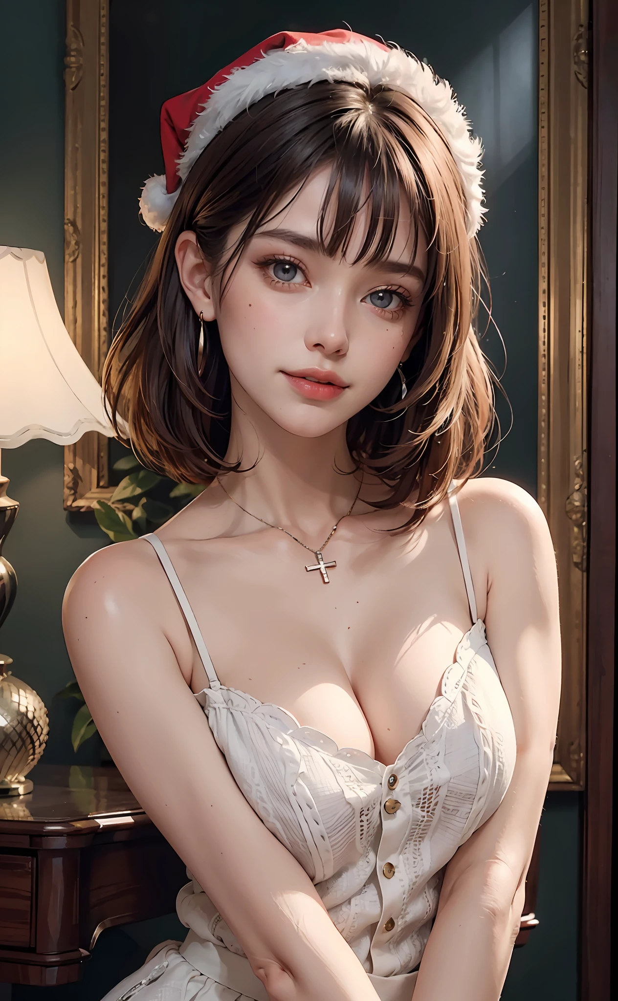 Red knitwear, turtleneck, red costume of Santa Claus, (open all buttons: 1.1), Santa Claus hat, smile, smile, big, big breasts, deep cleavage, chest hugging, top quality, masterpiece, illustration, very delicate and beautiful, very detailed, CG, 8K wallpaper, amazing, fine details, highly detailed CG, Unity, 8K wallpaper, Huge file size, very detailed, high resolution, well-groomed detail woman, very detailed big eyes and face, amazing detailed eyes, face light, (Best Illustration: 1.1), Ultra High Resolution, (Photoreal: 1.1), (Photoreal: 1.2:1.1), Realistic Face Proportions, Slender, Smile, (Makeup: 0.4), (Fluffy Pale Colored Eyes: 1.21), Light Colored Eyes, Round eyes, gaze to look at the beholder, dark brown hair, earrings, necklace, hairpin, (irregular irregular skin imperfections, veins, skin pores: 1.2), white background, (bokeh: 1.4), straight hair, very short hair, short bob hair, little bangs, gloss on skin, gloss on face, gloss on lips, gloss on chest, gloss on skin, smile, smiling, teeth, beautiful alignment, Long neck, big eyes, clear eyes, clear double eyelids, put out both ears, tremendously cute, overwhelming beauty, highlight in the eyes, chest closer, face forward, body facing the viewer, put your hand on the cheek, perfect and detailed and beautiful hand, perfect and detailed and beautiful fingers, precise number of arms, precise number of fingers, reach out to the camera