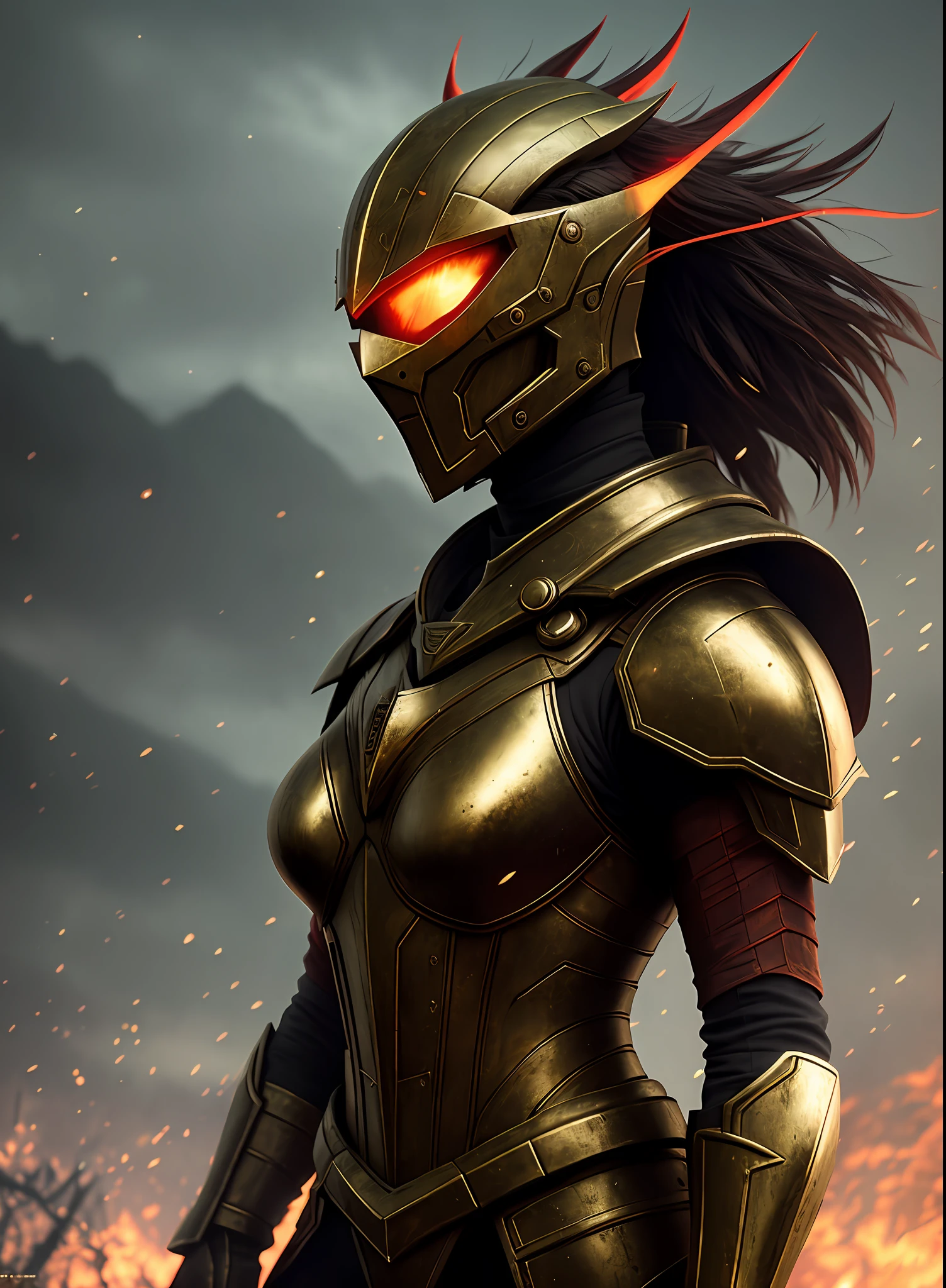 Warrior wearing a green-red fighting suit, dark golden armor, a light burning hellish environment, giving the scene a dark atmosphere but sculpting the shapes in crisp chiaroscuro), it's night, (highly detailed skin), (fierce face highly detailed), detailed background, dark lighting, twilight lighting, volumetric lighting, intricate details, UHD, extremely detailed masterpiece, intricate details, (highest quality:  1.3), cinematic shot, ((masterpiece)), (sharp focus: 1.5), (realistic photo: 1.3), detailed background, depth of field, (dark lighting: 1.3), dramatic lighting, twilight lighting, volumetric shadows, highly detailed, intricate details, 8k, UHD, HDR, render in 8k, ultra-hd.
