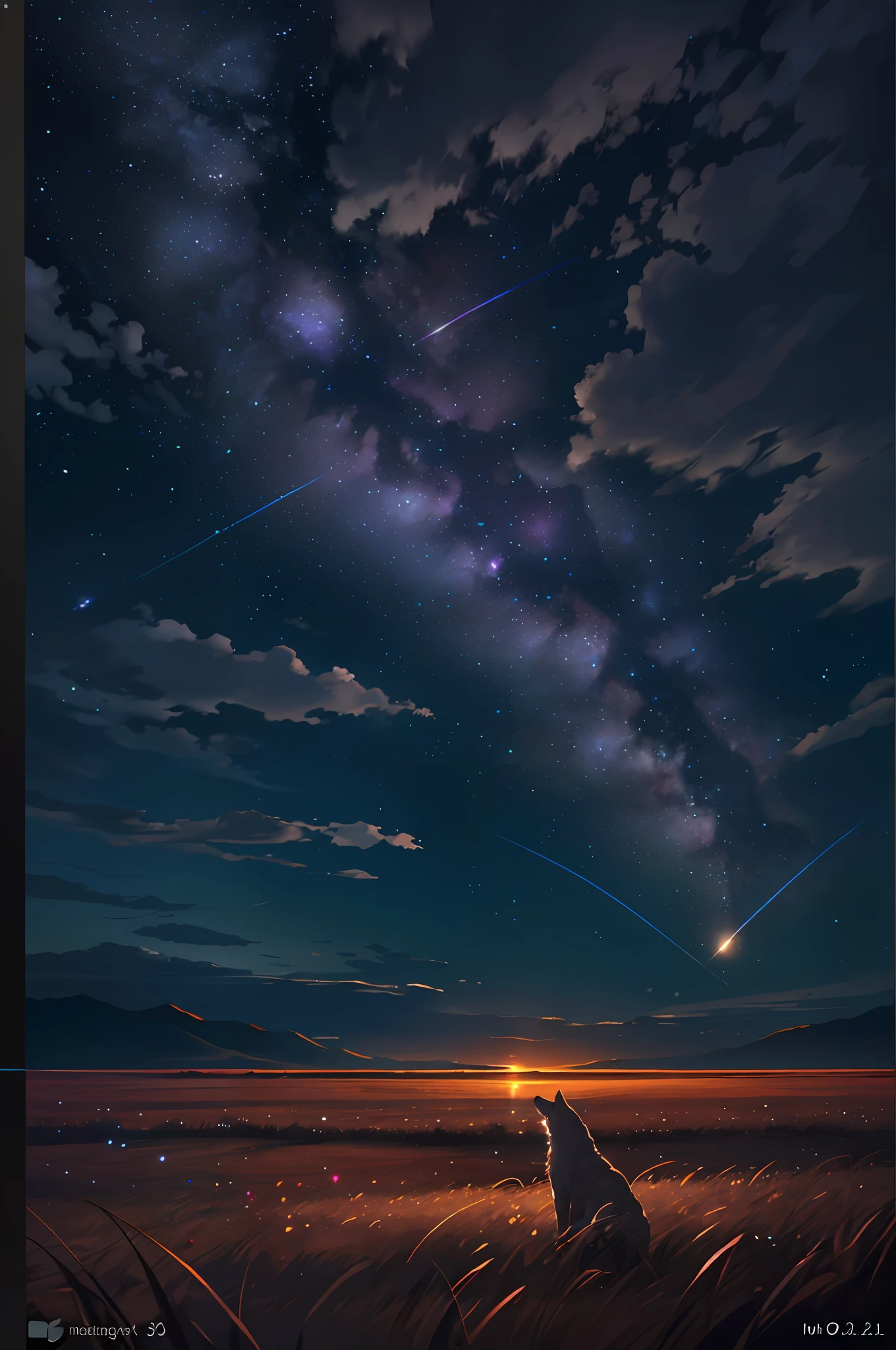 A wide landscape photo, (viewed from below, the sky is above, and the open field is below), a wolf sitting on grass field looking up, (full moon: 1.2), (meteor: 0.9), (nebula: 1.3), distant mountains , Trees BREAK Crafting Art, (Warm Light: 1.2), (Firefly: 1.2), Lights, Lots of Purple and Orange, Intricate Details, Volumetric Lighting BREAK (Masterpiece: 1.2), (Best Quality), 4k, Ultra Detailed, (Dynamic Composition: 1.4), Rich in Detail and Color, (Rainbow Color: 1.2), (Glow, Atmospheric Lighting), Dreamy, Magical, (Solo: 1.2)