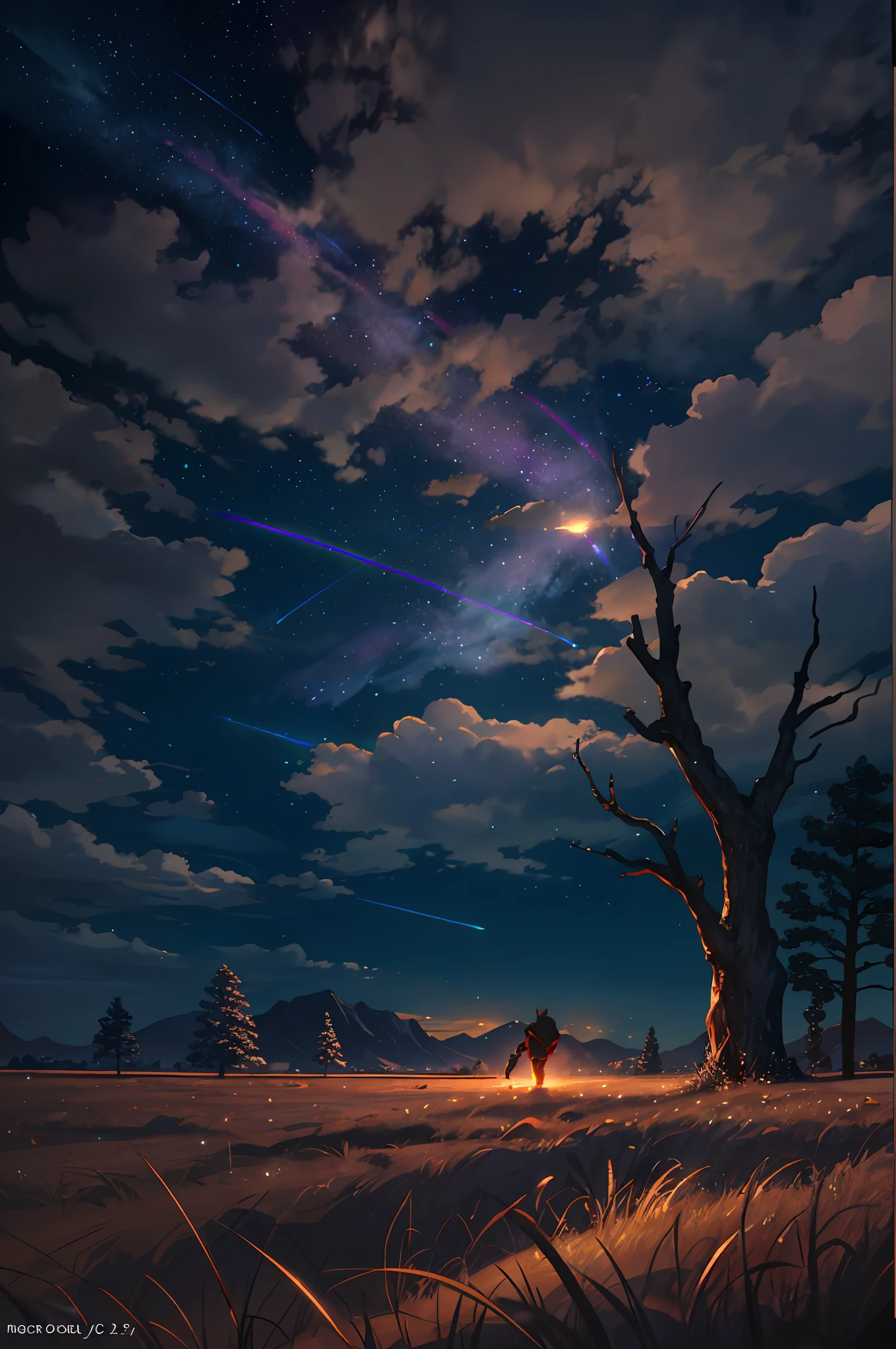 A wide landscape photo, (viewed from below, the sky is above, and the open field is below), a wolf sitting on grass field looking up, (full moon: 1.2), (meteor: 0.9), (nebula: 1.3), distant mountains , Trees BREAK Crafting Art, (Warm Light: 1.2), (Firefly: 1.2), Lights, Lots of Purple and Orange, Intricate Details, Volumetric Lighting BREAK (Masterpiece: 1.2), (Best Quality), 4k, Ultra Detailed, (Dynamic Composition: 1.4), Rich in Detail and Color, (Rainbow Color: 1.2), (Glow, Atmospheric Lighting), Dreamy, Magical, (Solo: 1.2)