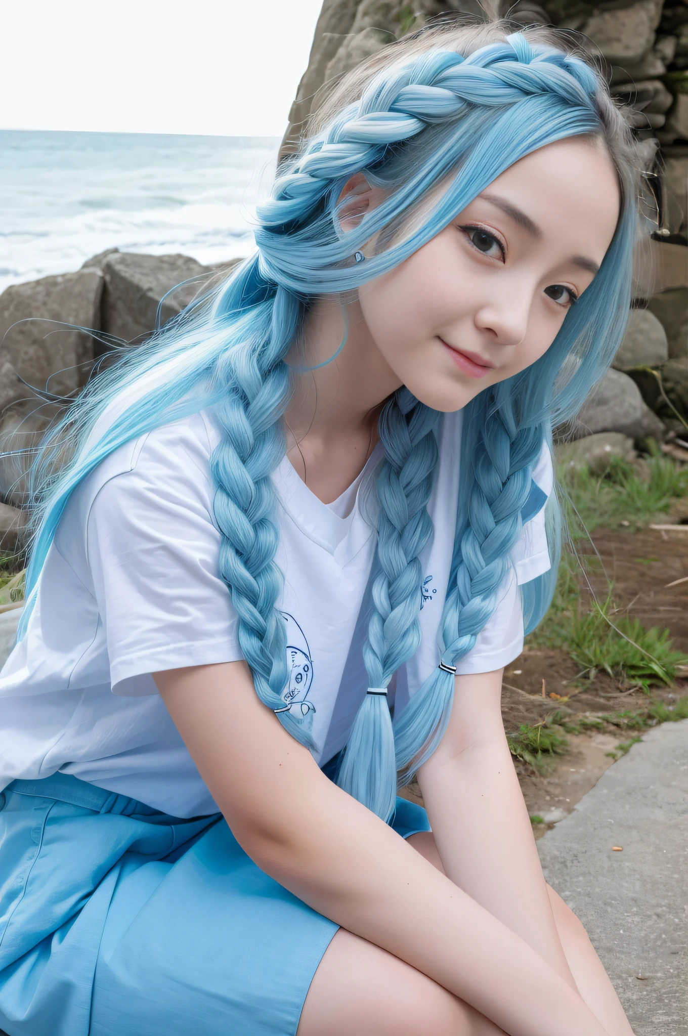 (Facial Focus), (1 Girl, Female, Woman, Solo, Pale Skin, Casual Fashion, Kawaii), (Long Hair, Single Braided Hair, Light Blue Hair, Cute Face, Light Smile), (At the Seaside), Milky Way, Sunset, Eye Level Shooting