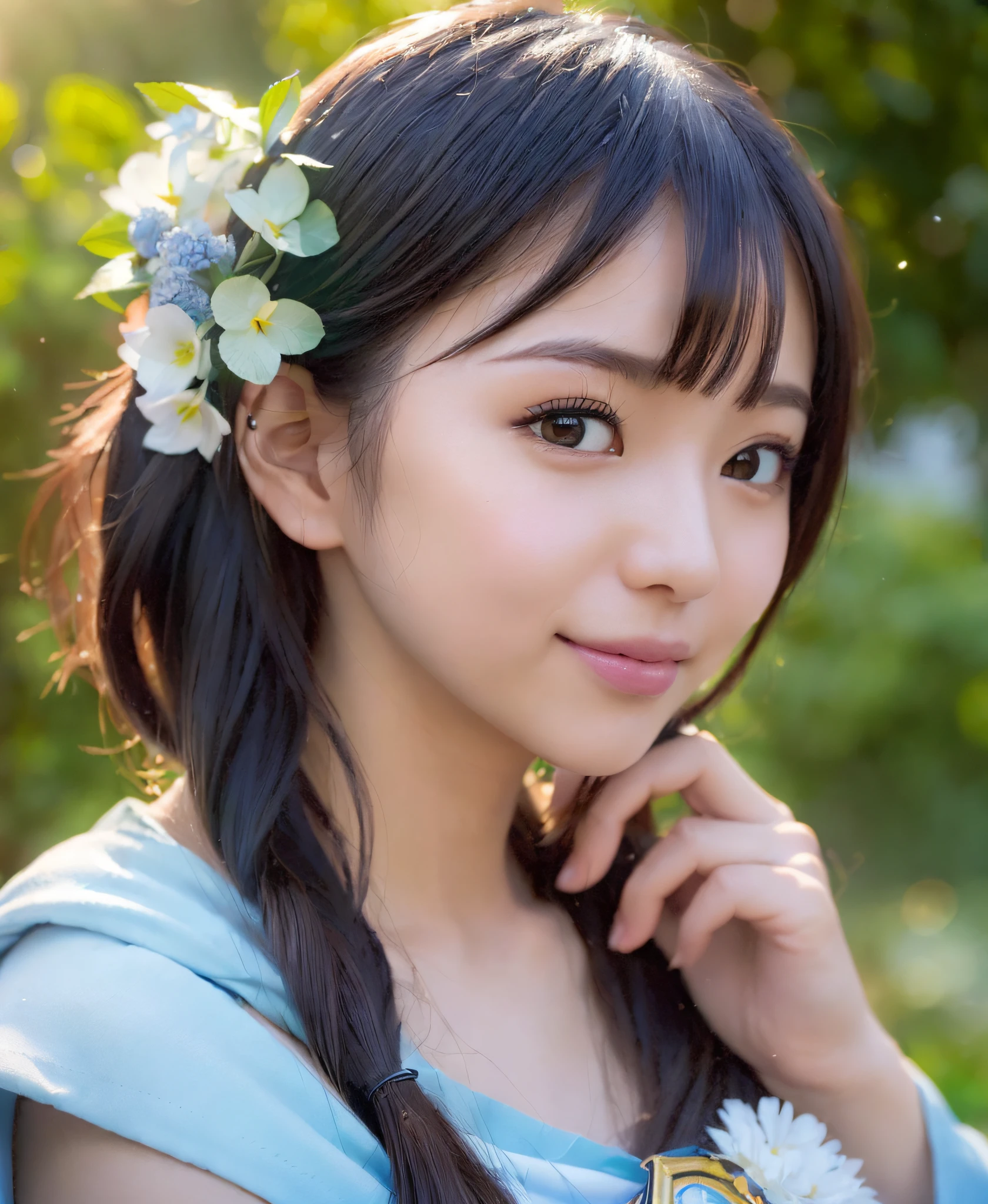 (((Full body photo))), (Single eyelid),(Sunset),(Thin eyeliner),((Light blue eyeliner))),(Lens flare),((Lens flare),(Dressed as a priestess and in the Japan garden))))),(((Super Soft Focus))))), smiling, ( Profile ((looking into the distance)))), (Looking into the distance))), twilight, showering, surrounded by colorful hydrangeas in the background, hydrangeas, ((soft sunset)), (yinchuan:1.5), masterpiece, best quality, raw photo, photorealistic, face, beautiful girl, cute, short hair, (((depth of field)))), high resolution, ultra detail, fine detail, very detailed, cinematic lighting