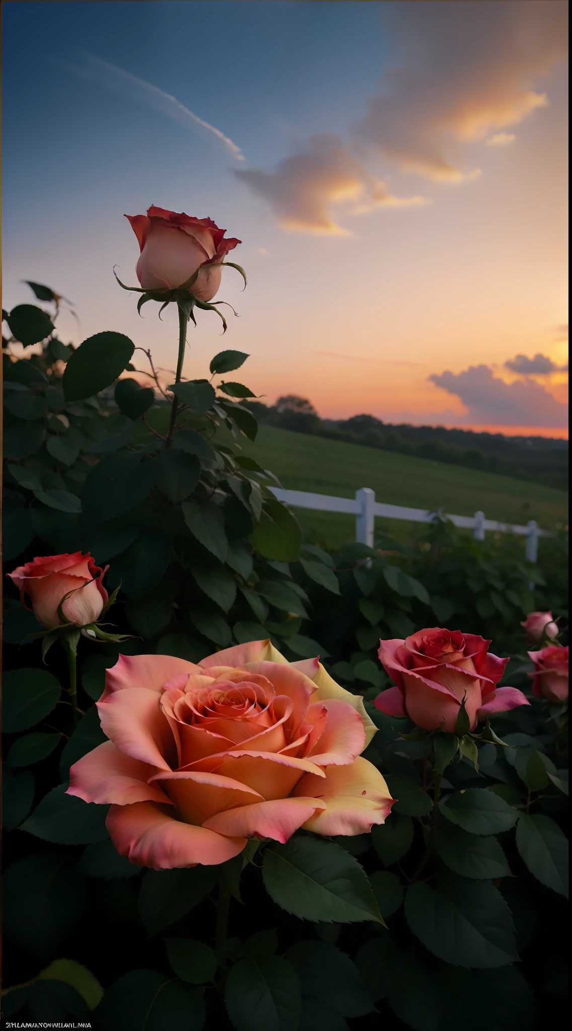 The sky is a magnificent sunset, In front of it is a row of white fences, The fence is covered with delicate roses, The colors of the roses are colorful, The whole picture is romantic, reality, high detail, Realism, chromatic aberration, chiaroscuro, UHD, masterpiece, ccurate, anatomically correct, super detail, high details, high quality, award winning, best quality, highres, 16k