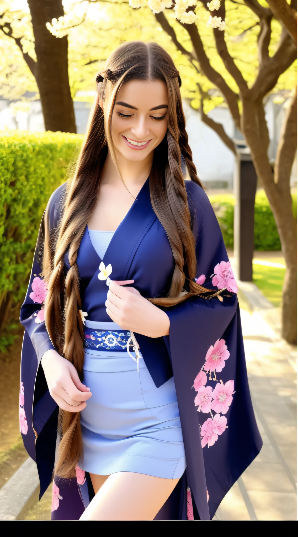 full shot, portrait of a skswoman, a masterpiece of art, 1 GIRL, detailed portrait of DASHA in a dark blue kimono with patterns in the form of sakura inflorescences, walks along a picturesque alley with blooming Japanese sakura along a path strewn with fallen pink sakura petals, in detail in detail small breasts, in detail in detail a very long fluffy mop of chestnut-colored hair, in details bright brown eyes, in details long fluffy eyelashes, in details pink tender lips, in details makeup with dark blue arrows, in details Japanese gane shoes with braids on the shins of dark blue color, in Details of a kimono with deep cutouts show beautiful slender legs, a cutout on the chest shows the décolleté, character flirting on camera, backlight, bright sun rays, detailed beautiful backlight, soft frontal light, soft shadows on the face, beautiful chiaroscuro on the face and body, hyperrealism, hyper detail, high resolution, sharp focus, uhd, 32k, site 500px, David Dubnitsky style.