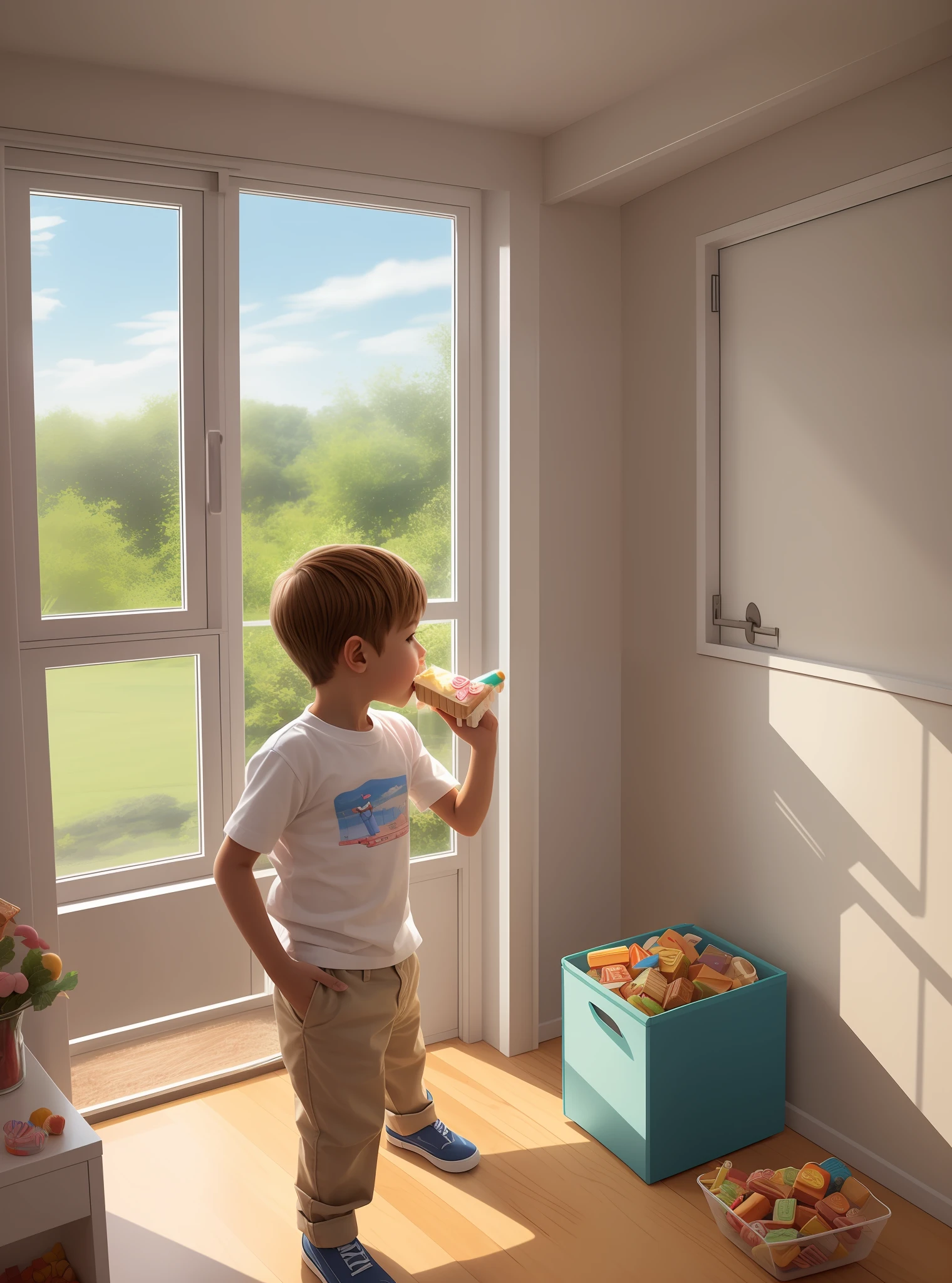 A realistic character, boy eating sweets, a clean room with window