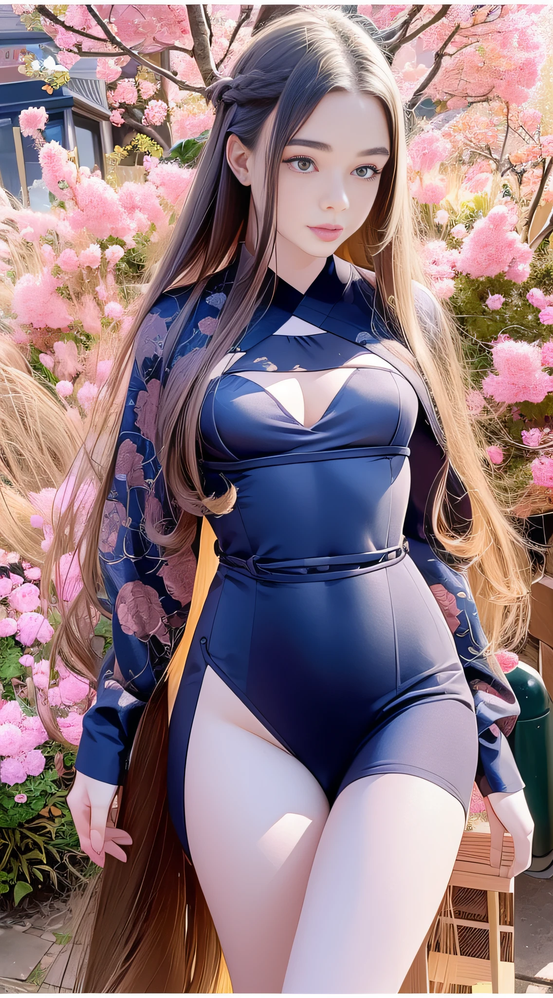 full shot, portrait of a skswoman, a masterpiece of art, 1 GIRL, detailed portrait of DASHA in a dark blue kimono with patterns in the form of sakura inflorescences, walks along a picturesque alley with blooming Japanese sakura along a path strewn with fallen pink sakura petals, in detail in detail small breasts, in detail in detail a very long fluffy mop of chestnut-colored hair, in details bright brown eyes, in details long fluffy eyelashes, in details pink tender lips, in details makeup with dark blue arrows, in details Japanese gane shoes with braids on the shins of dark blue color, in Details of a kimono with deep cutouts show beautiful slender legs, a cutout on the chest shows the décolleté, character flirting on camera, backlight, bright sun rays, detailed beautiful backlight, soft frontal light, soft shadows on the face, beautiful chiaroscuro on the face and body, hyperrealism, hyper detail, high resolution, sharp focus, uhd, 32k, site 500px, David Dubnitsky style.