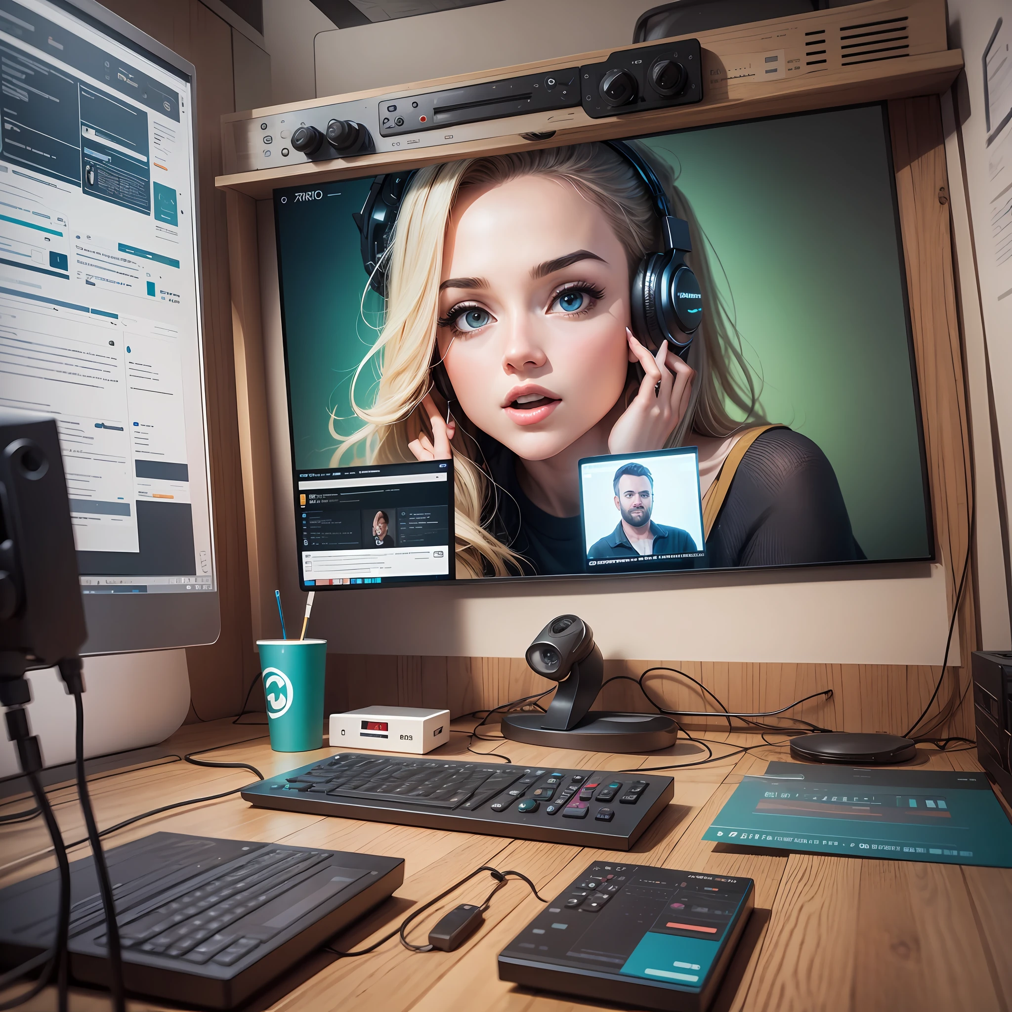 CREATE BACKGROUND WITH ICONS OF MODERN COMMUNICATION, IMAGES THAT REPRESENT A PODCAST, A STUDIO, AN INTERVIEW --auto --s2